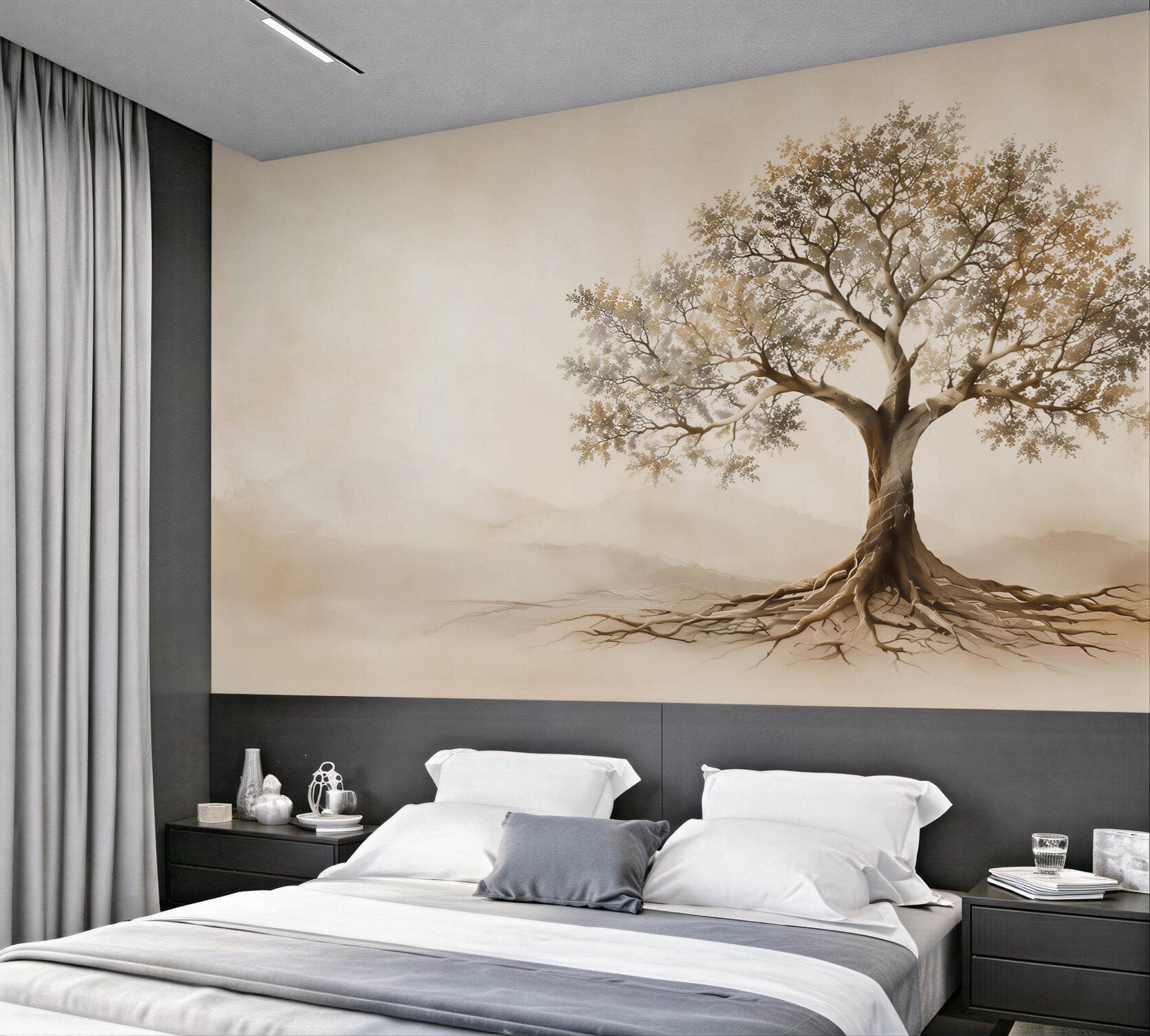 Fotobehang boom met uitgestrekte wortels in een beige landschap