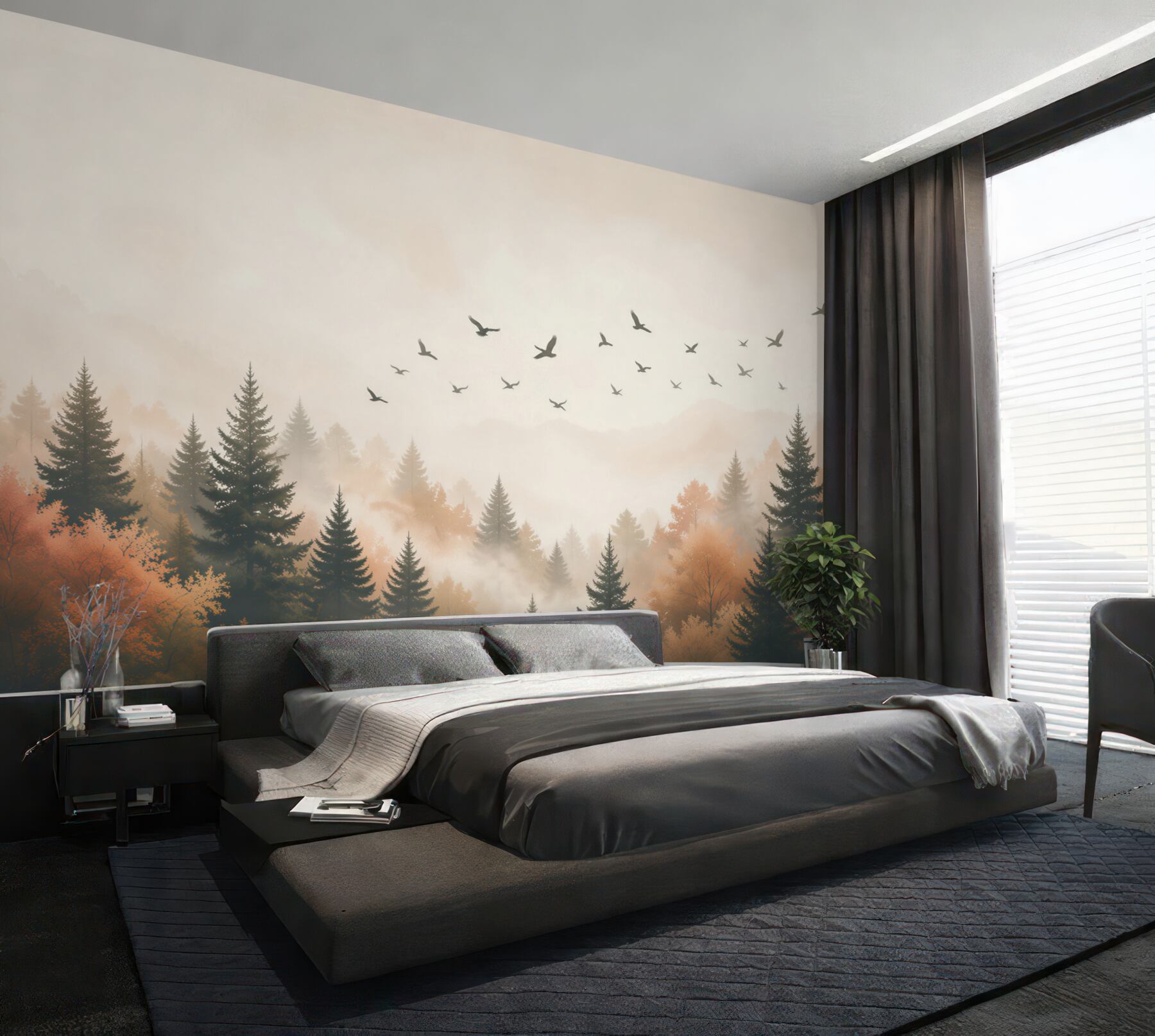 Fotobehang mistig bergbos met vliegende vogels herfstlandschap