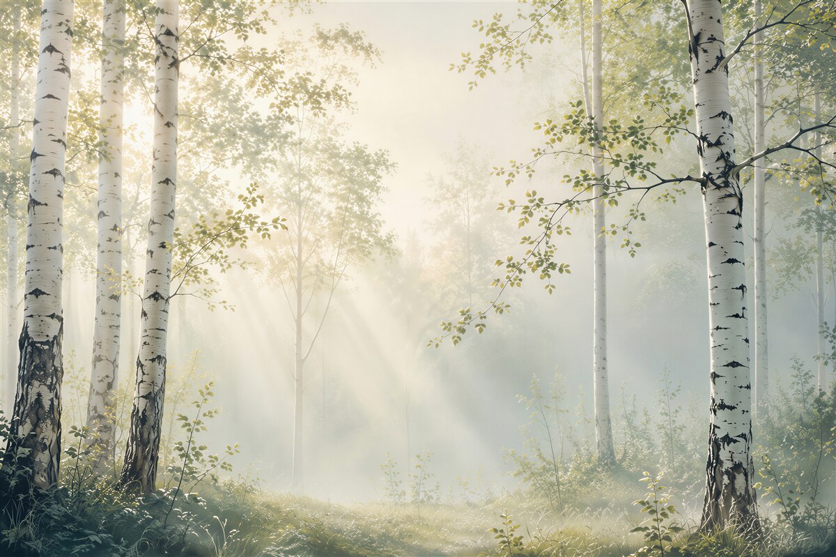 Fotobehang berkenbos in de zonnestralen groen landschap
