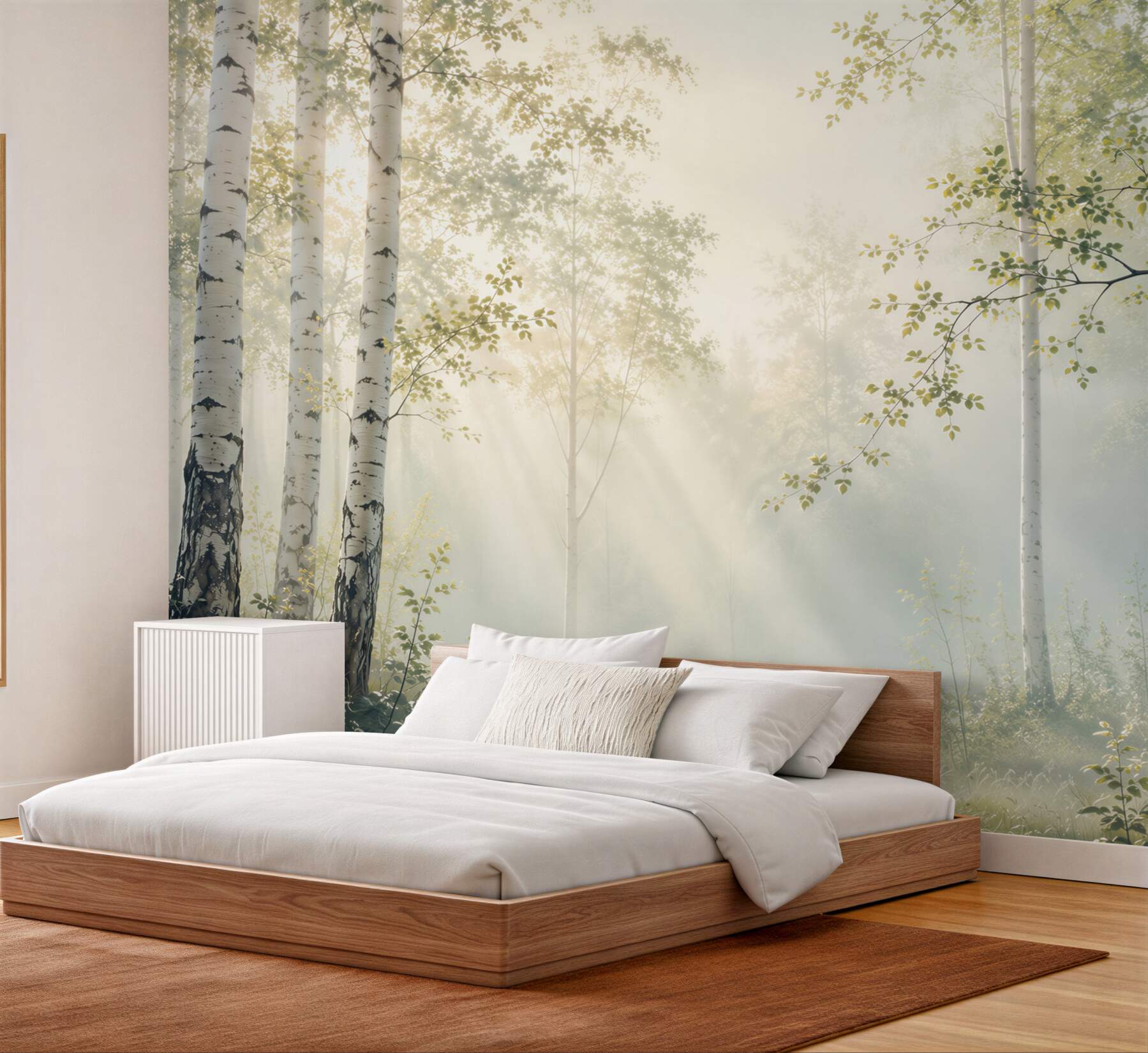 Fotobehang berkenbos in de zonnestralen groen landschap