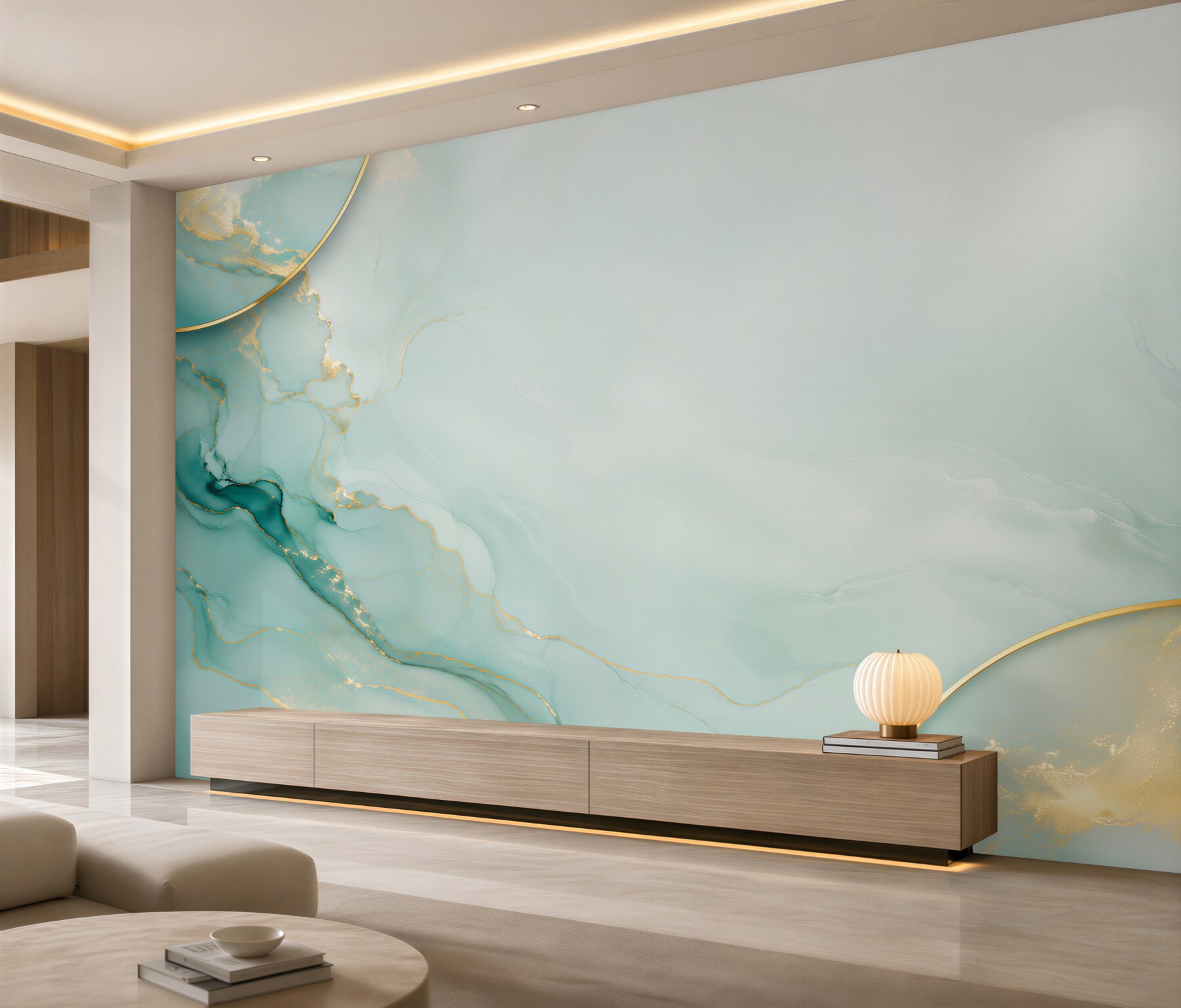 Fotobehang abstract turquoise marmer met gouden accenten modern