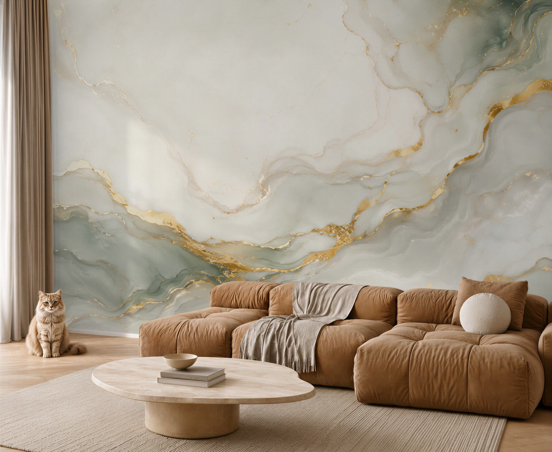 Fotobehang lichte grijs-gouden marmer met delicate aderen elegant