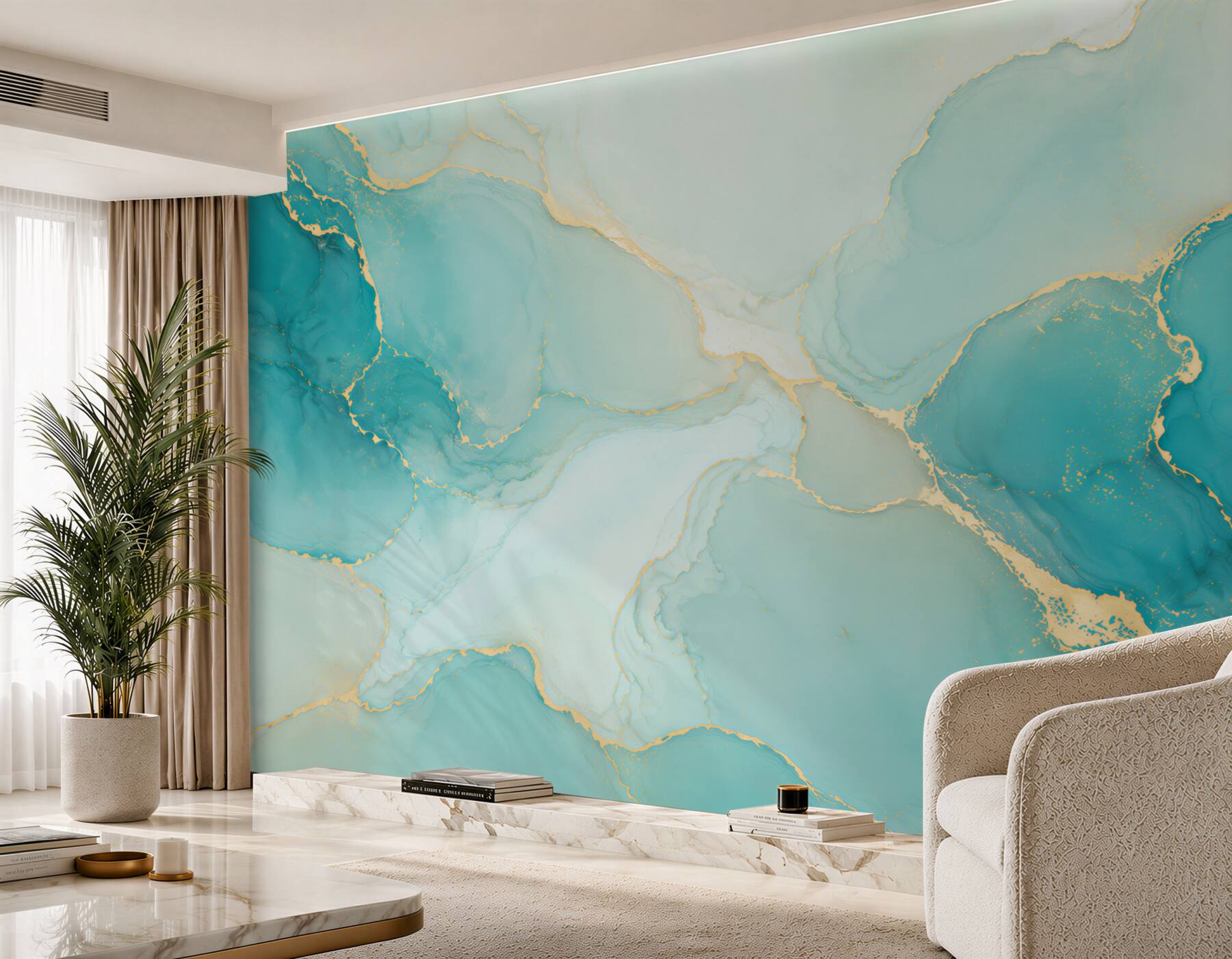 Fotobehang abstract turquoise marmer met gouden aderen modern