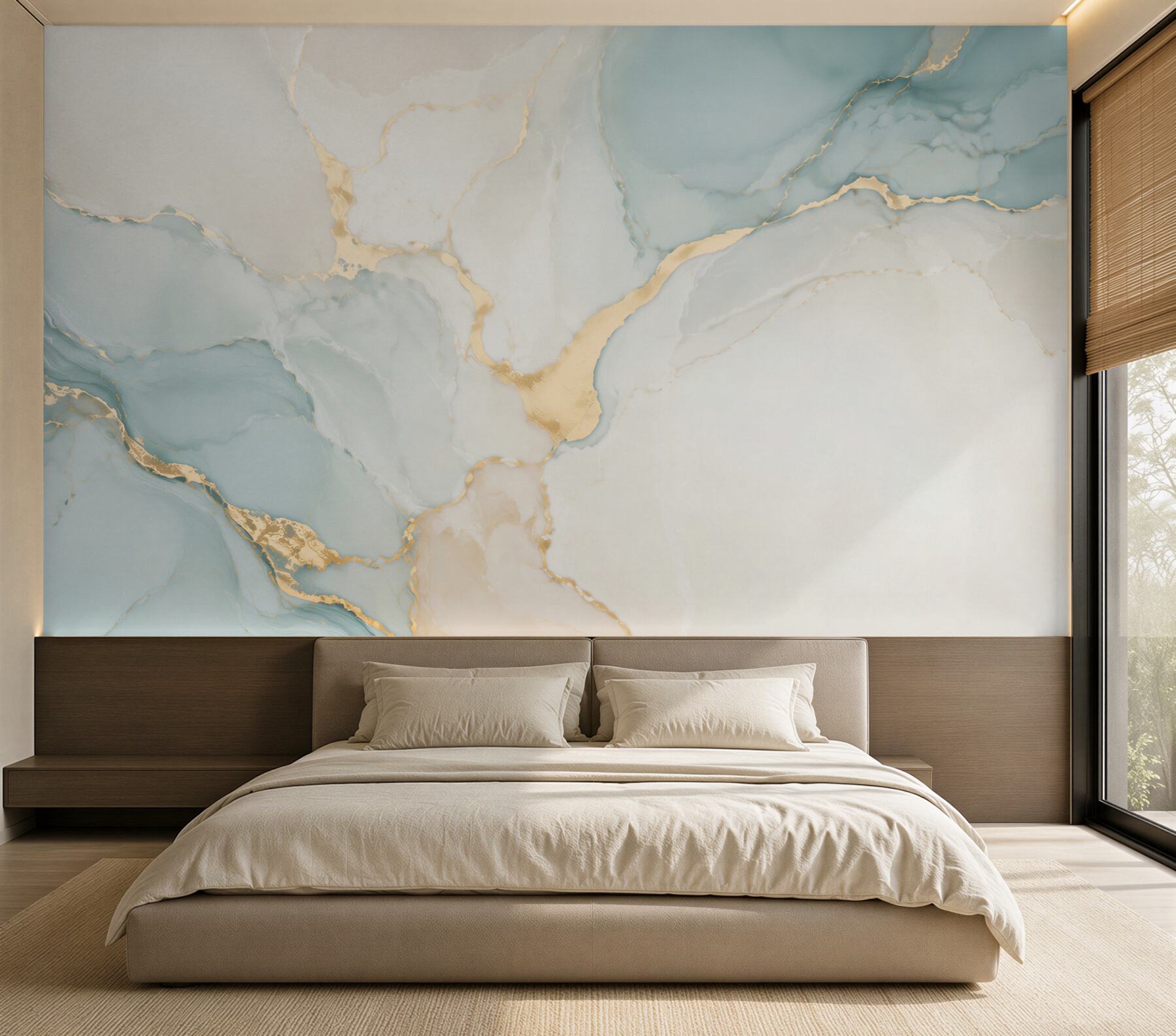 Fotobehang blauw-wit marmer met gouden aderen elegant