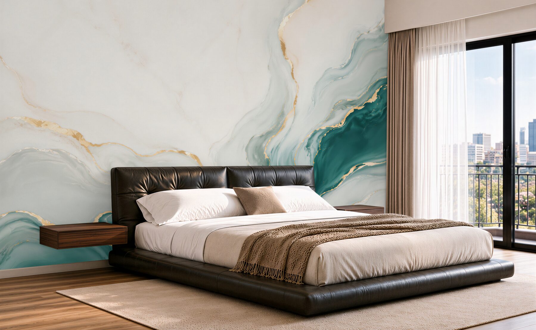 Fotobehang wit-turquoise marmer met gouden golf modern