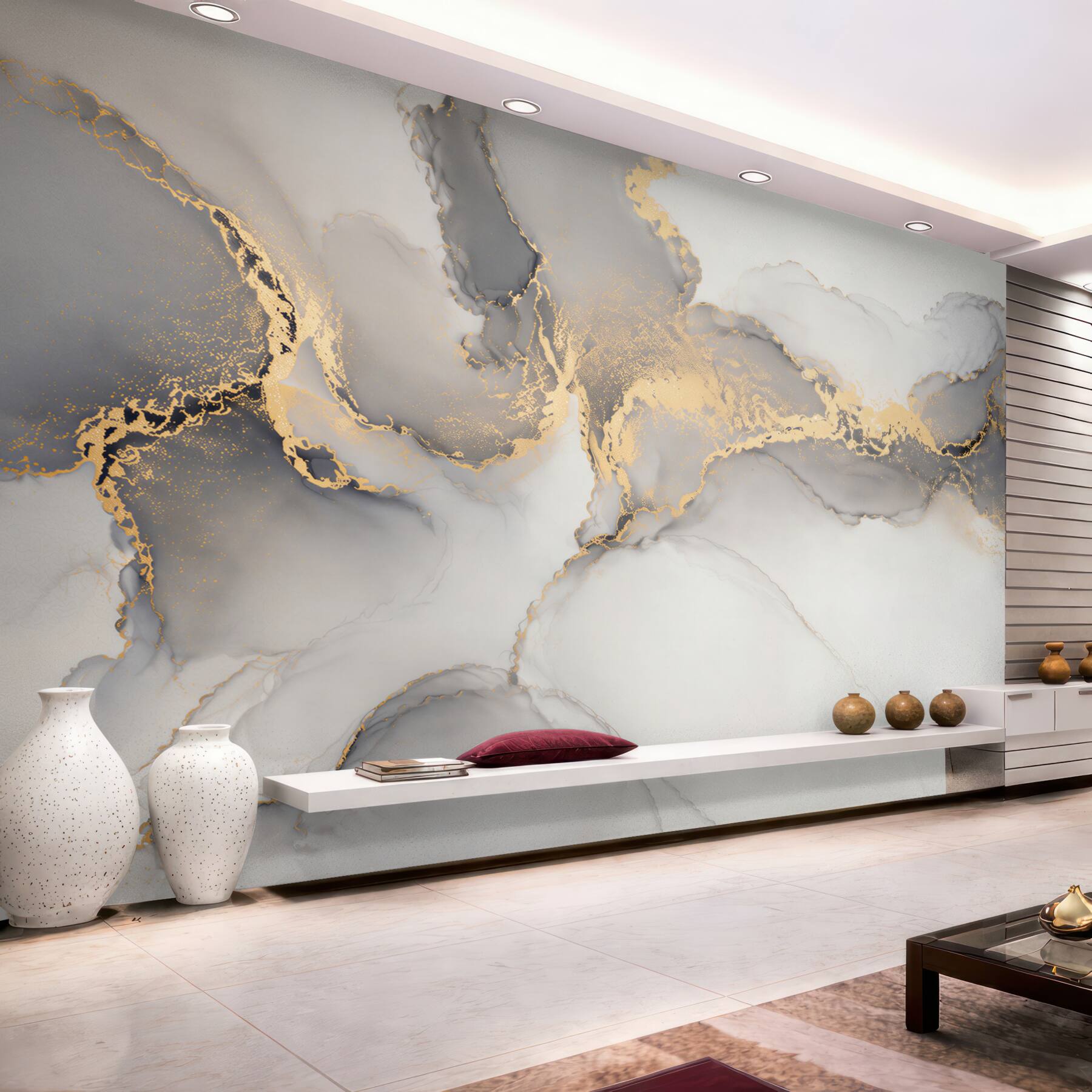 Fotobehang abstract grijs marmer met gouden accenten elegant
