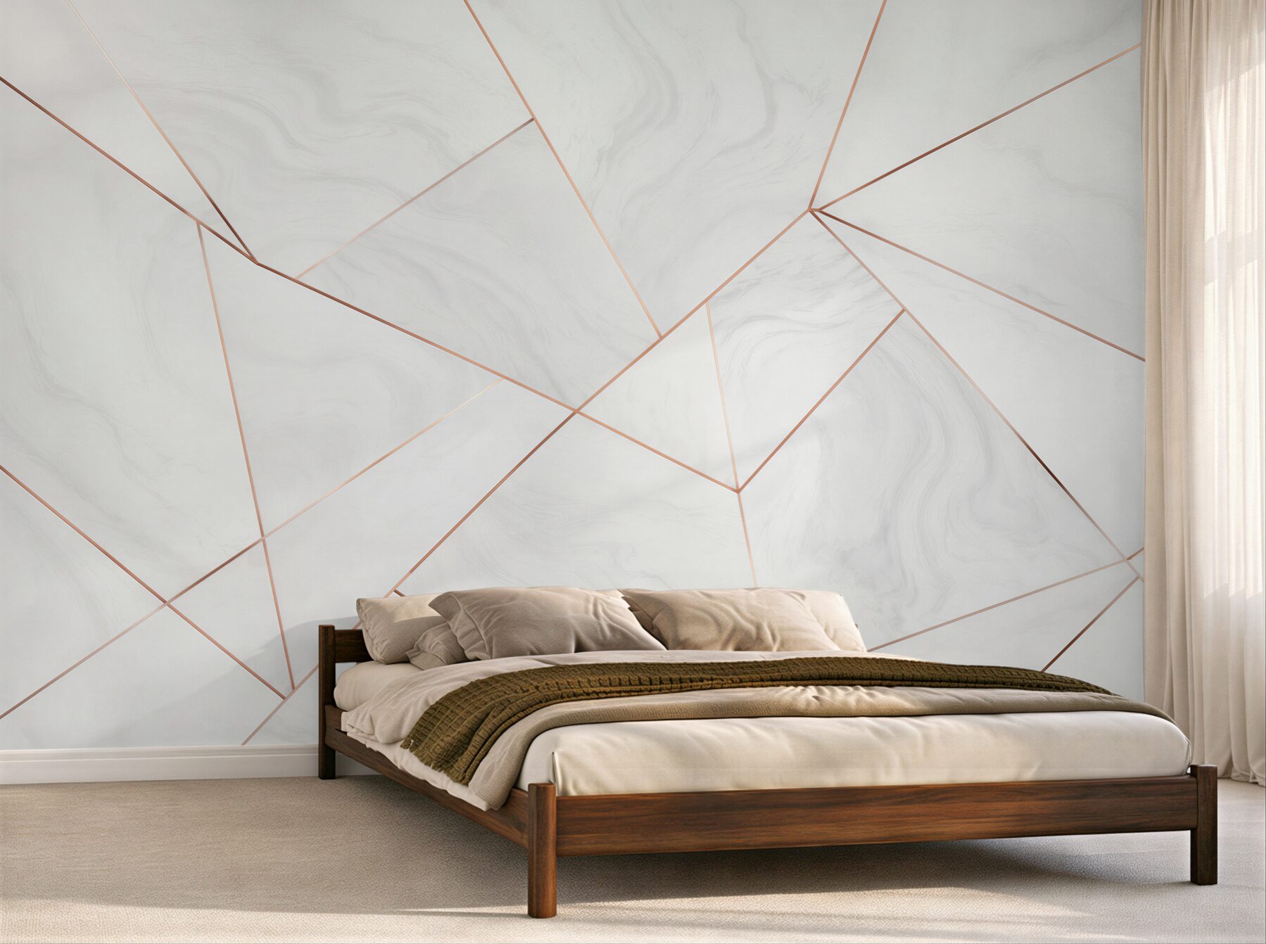 Fotobehang geometrisch wit marmer met koperen lijnen modern