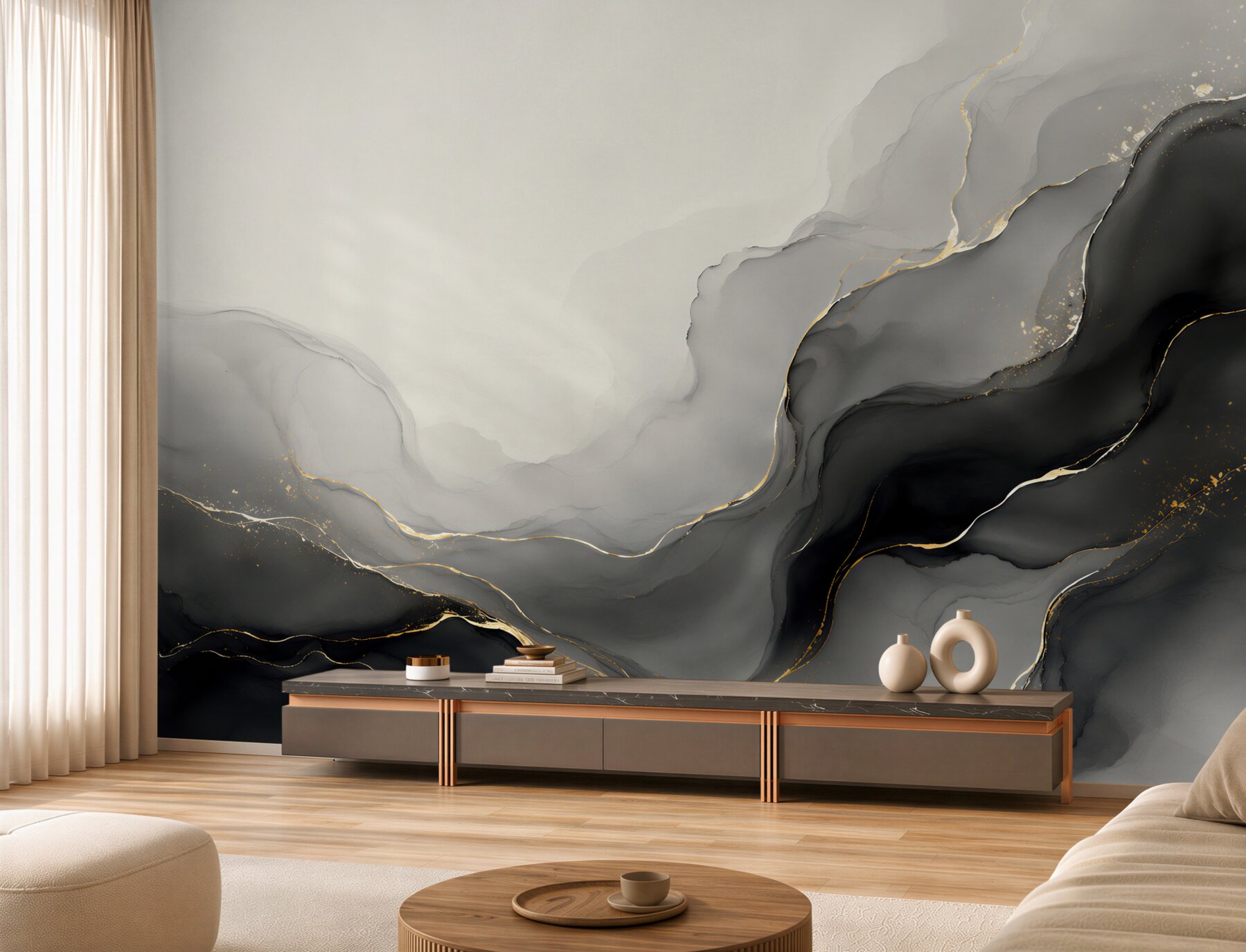 Fotobehang zwart-grijs marmer met gouden lijnen elegant