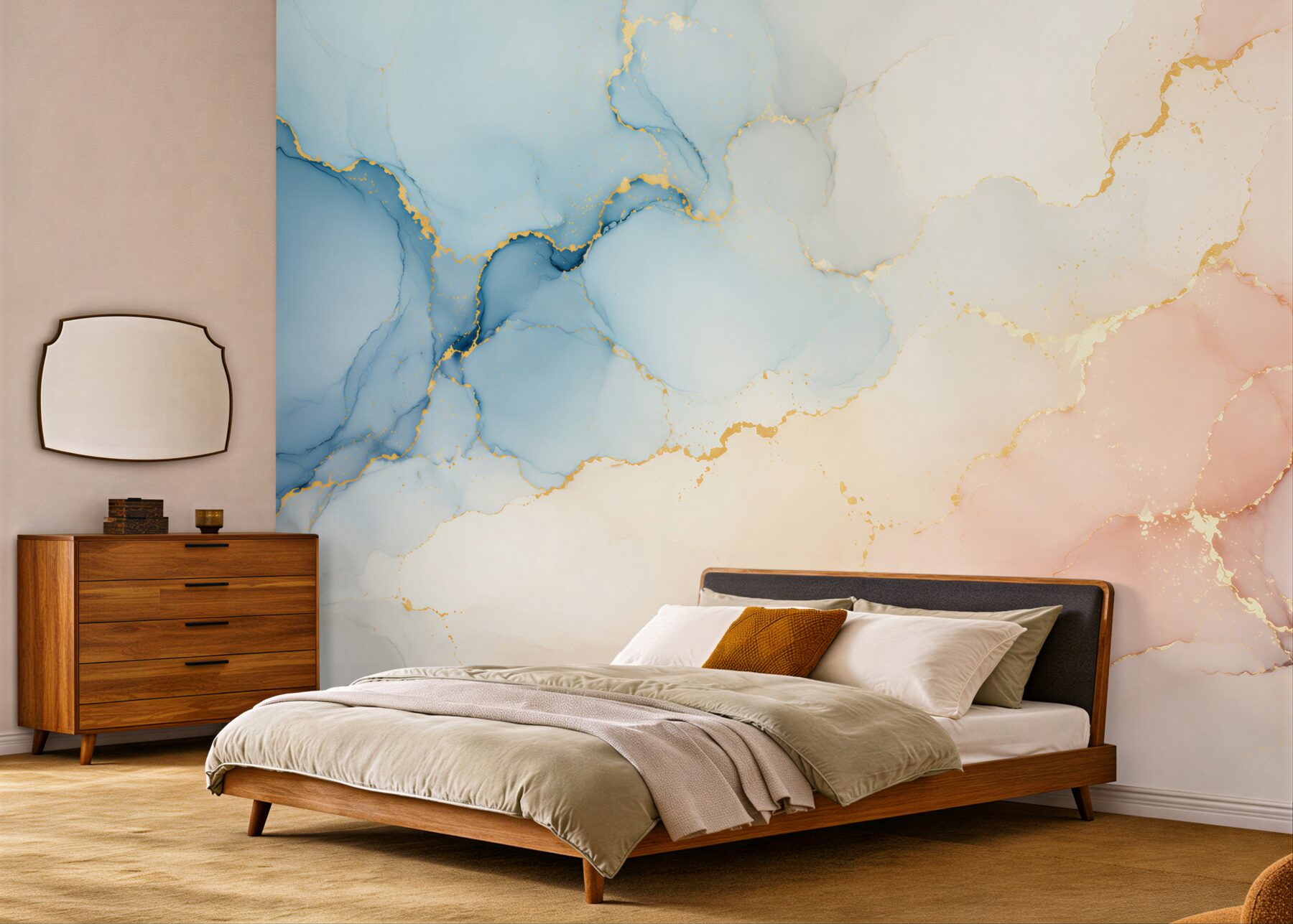 Fotobehang pastel marmer blauw-roze met gouden aderen subtiel