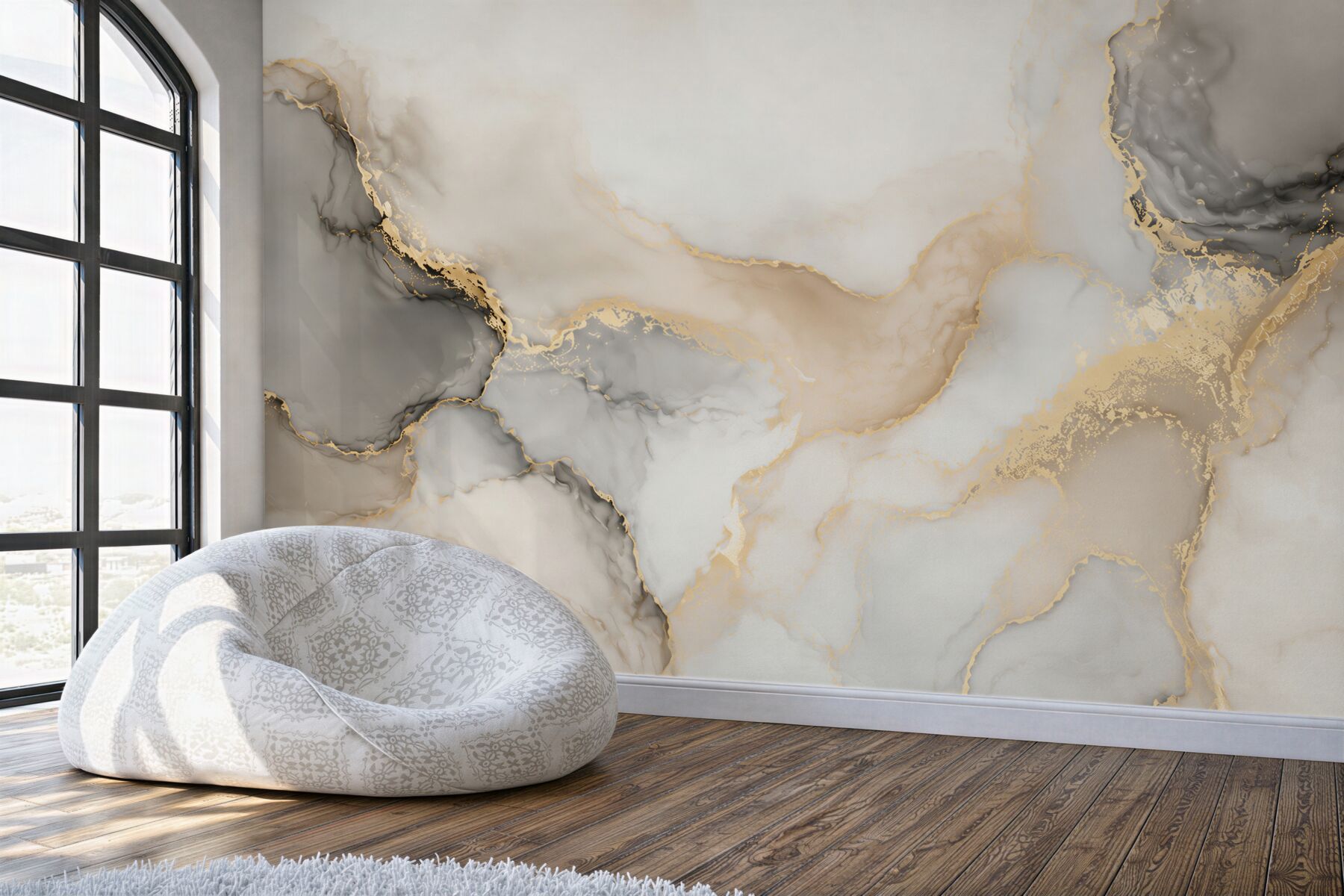 Fotobehang lichte grijs-beige marmer met gouden aderen elegant