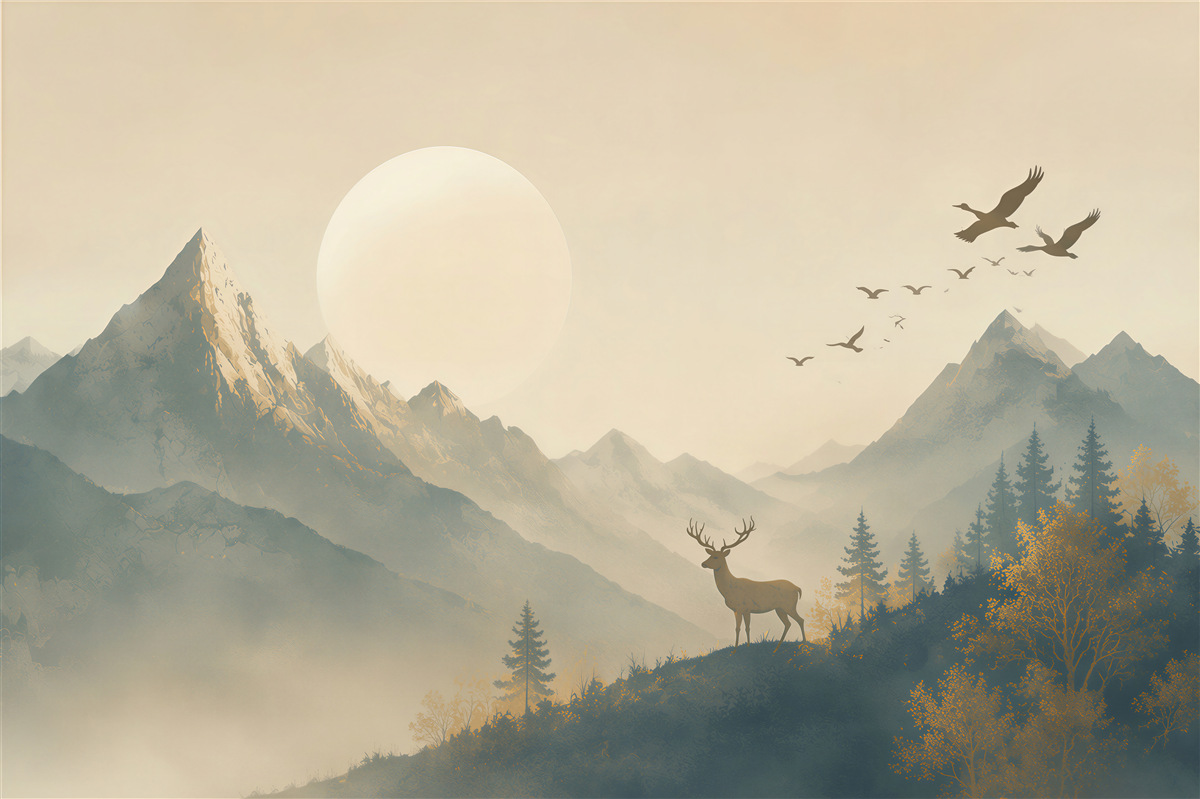 Fotobehang bergen in de mist met een hert en vogels in warme beigetinten