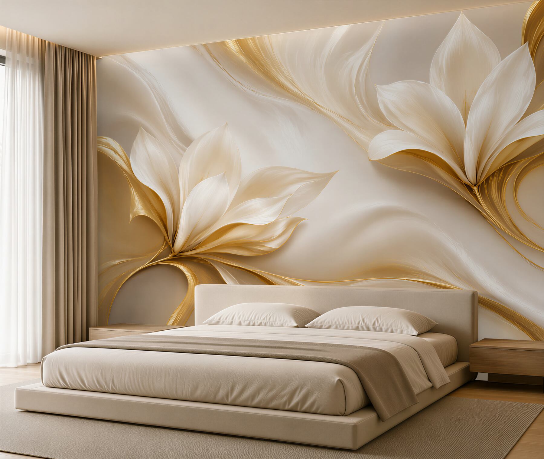 Fotobehang gouden magnolia bloemen 3D op een crèmekleurige achtergrond elegant