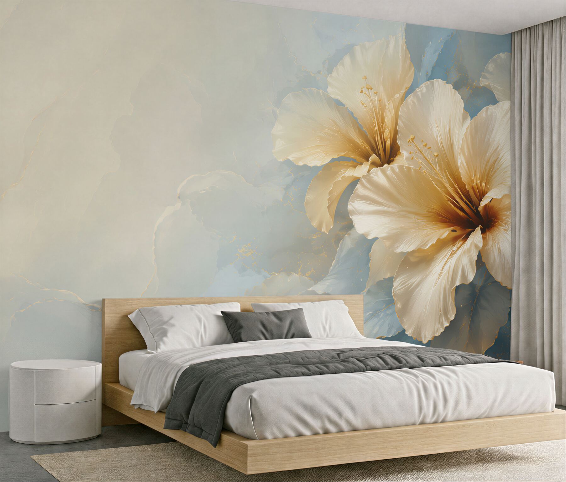 Fotobehang crèmekleurige hibiscus bloemen op een blauwe achtergrond elegant