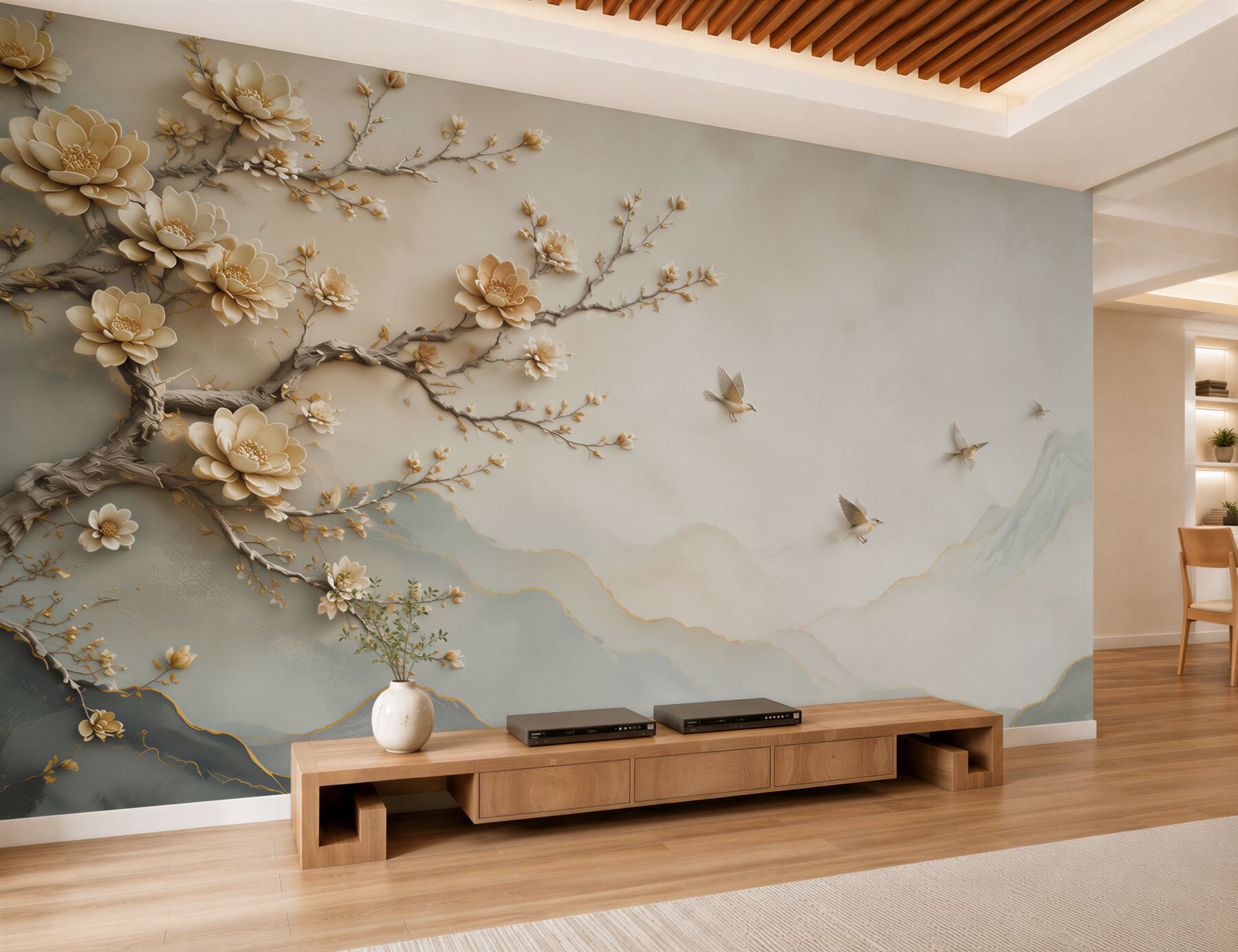 Fotobehang bloeiende magnolia met vogels en mistige bergen in beige tinten