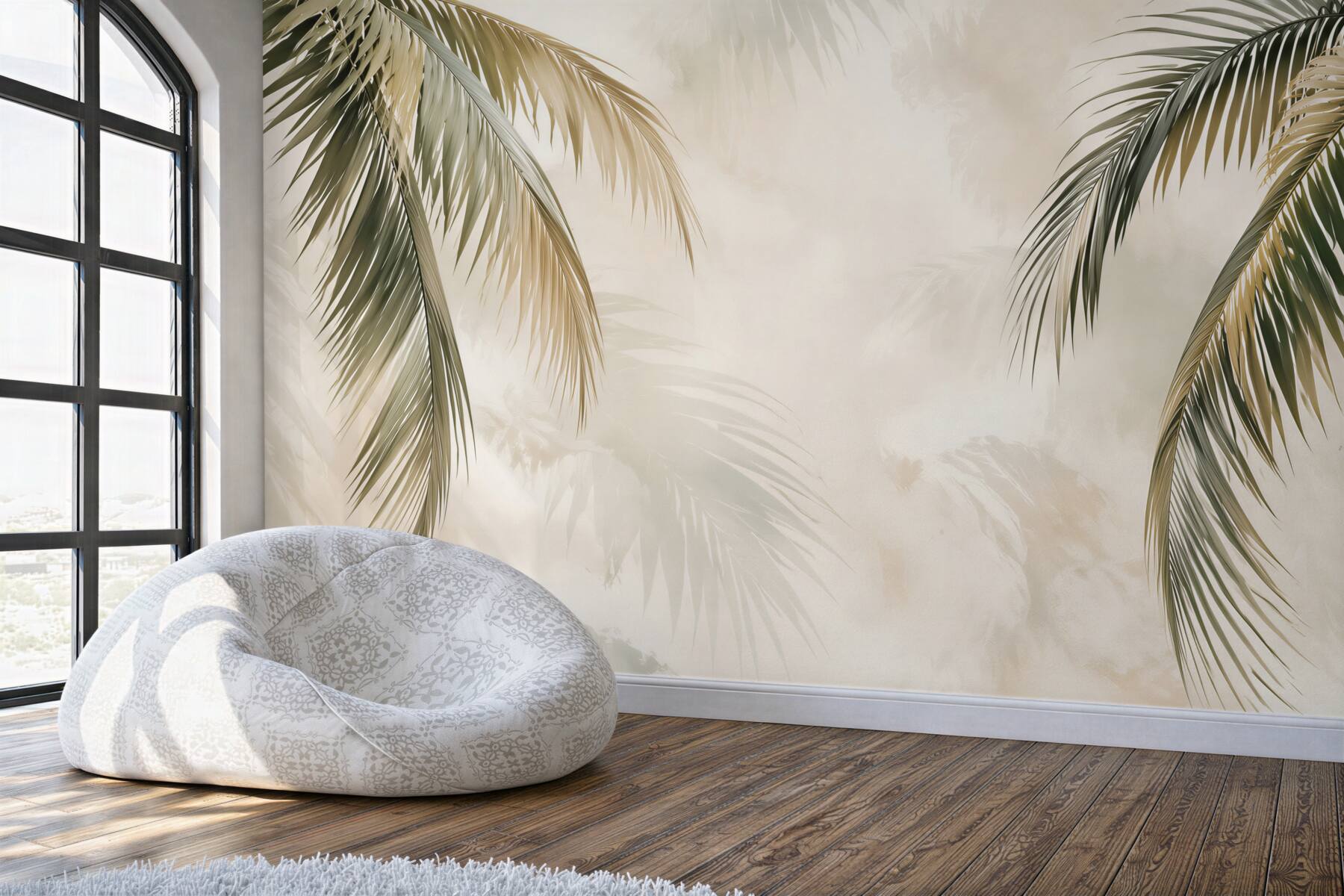 Fotobehang beige en groene palmbladeren subtiele tropische decoratie