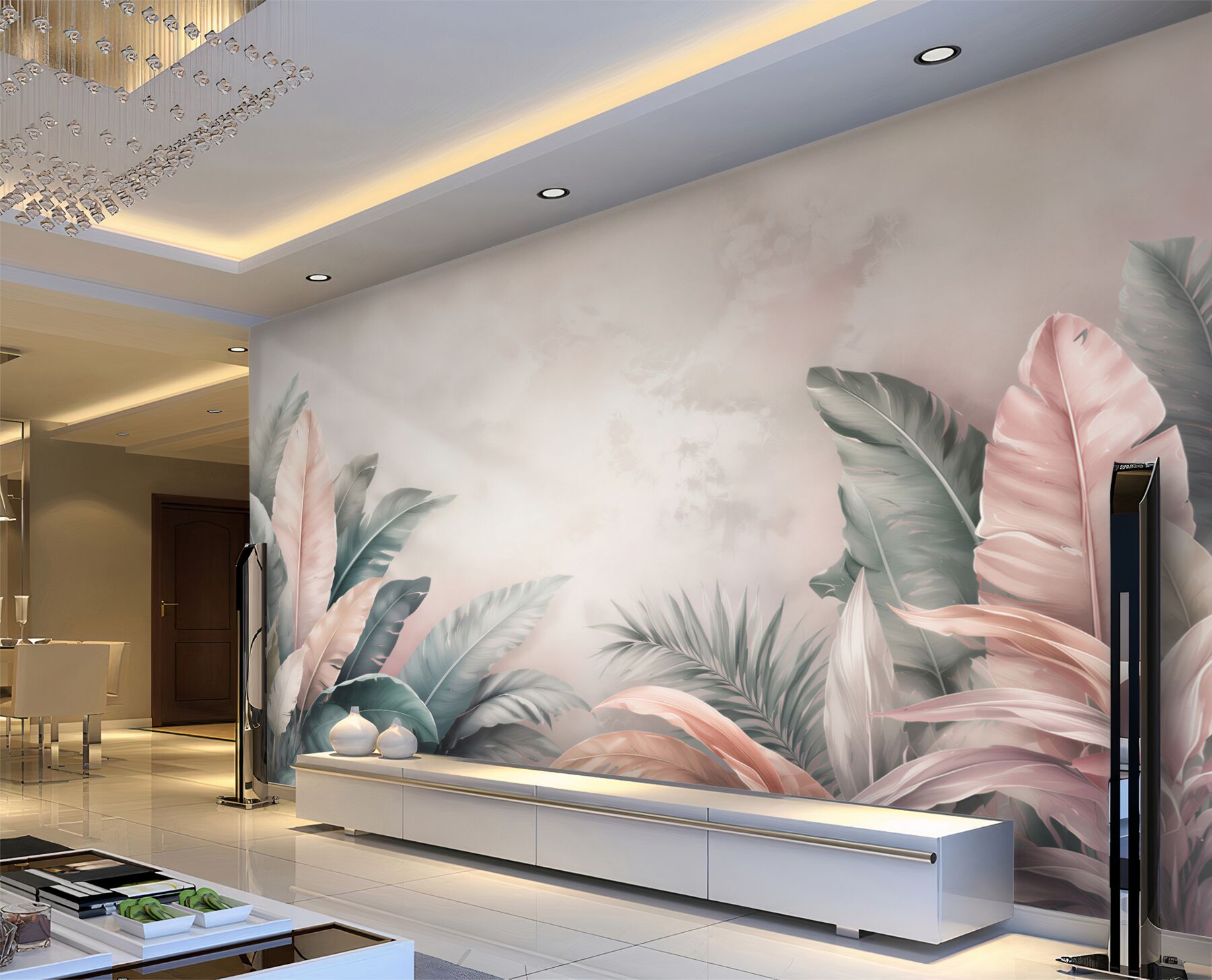 Fotobehang pastel tropische bladeren roze en groen voor een elegant interieur
