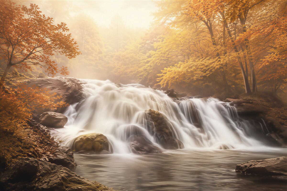 Fotobehang herfst bos waterval in warme gouden kleuren