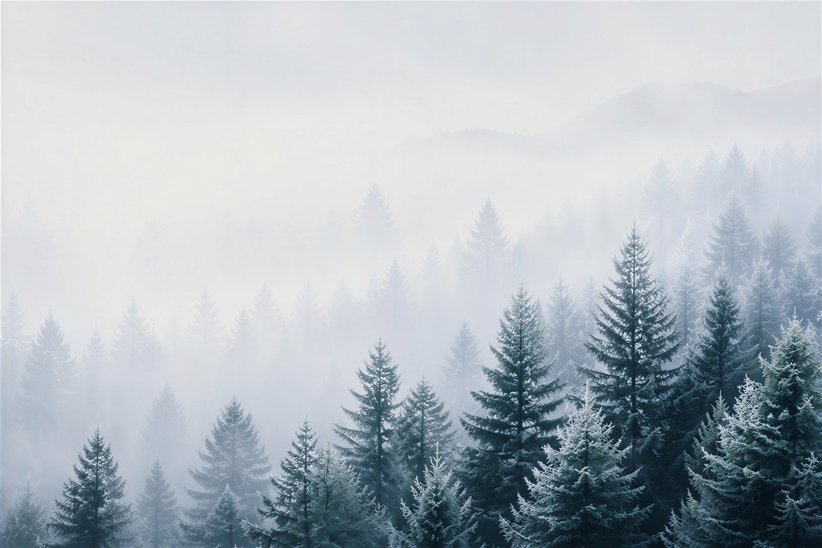 Fotobehang winter sparrenbos in de mist met koele blauwtinten