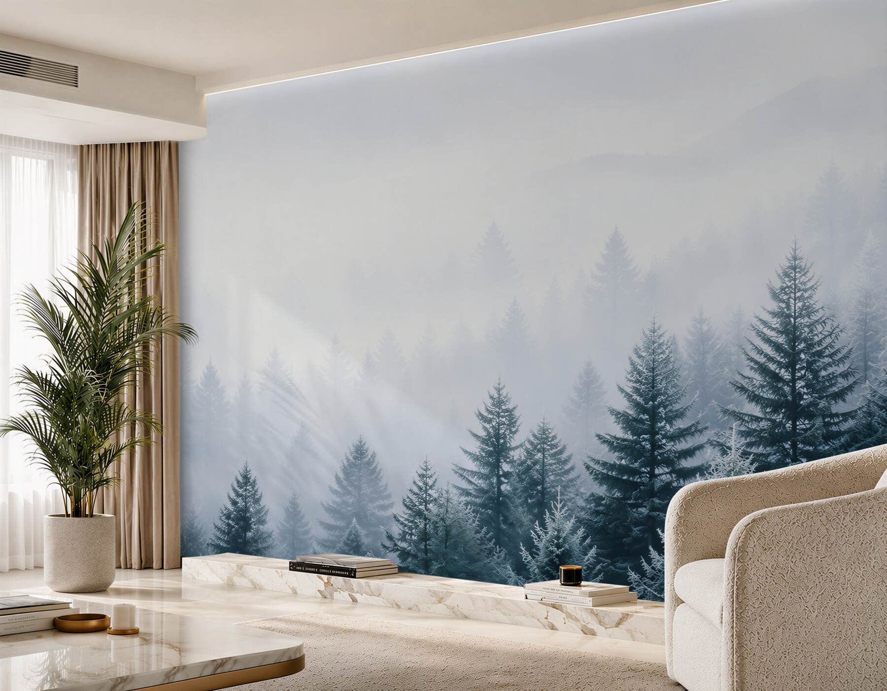 Fotobehang winter sparrenbos in de mist met koele blauwtinten