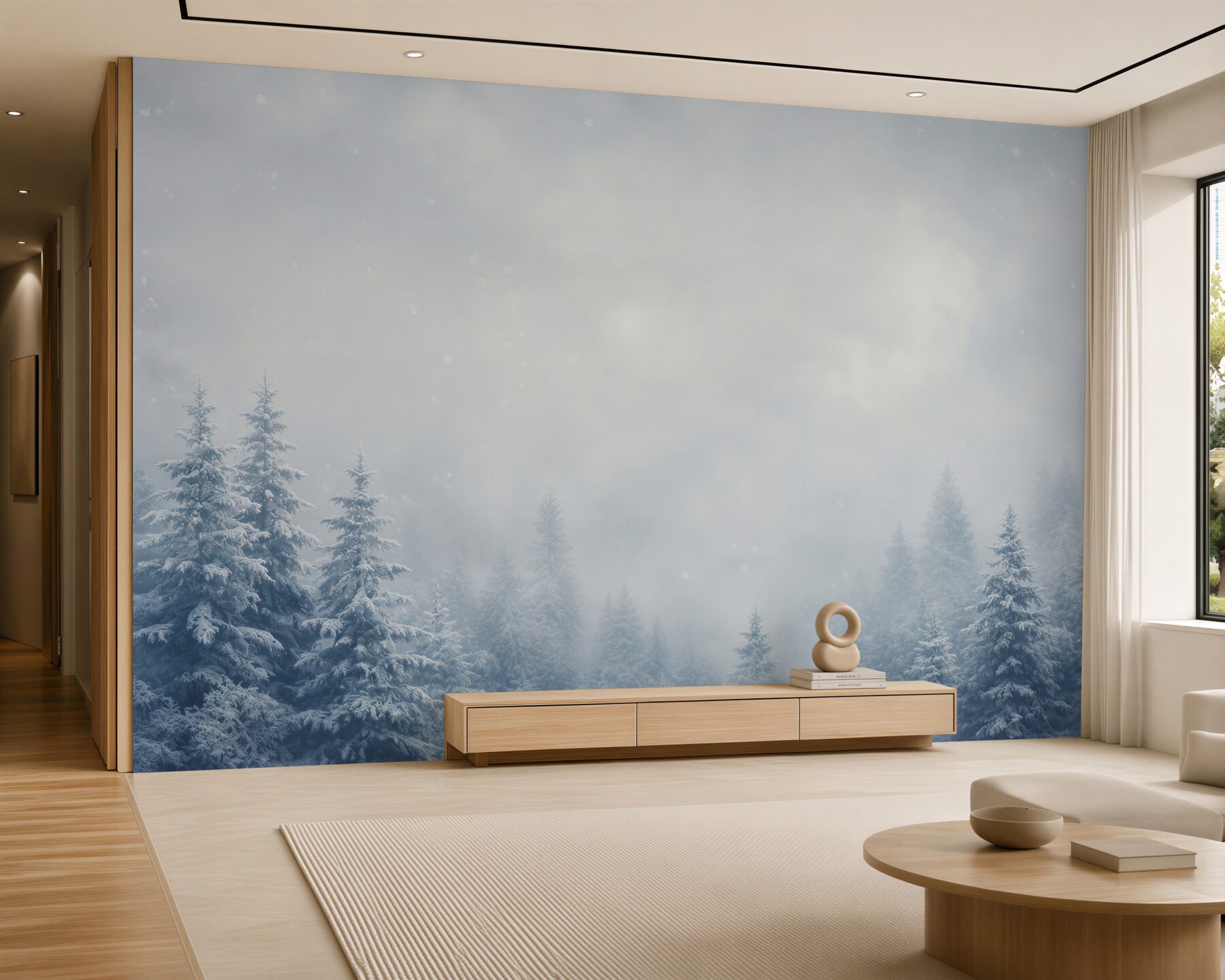 Fotobehang besneeuwde naaldbos in de mist rustige winterlandschap