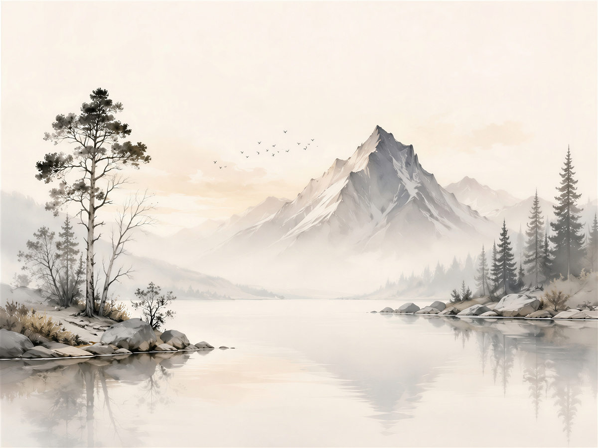Fotobehang berglandschap bij het meer in de mist in beige tinten
