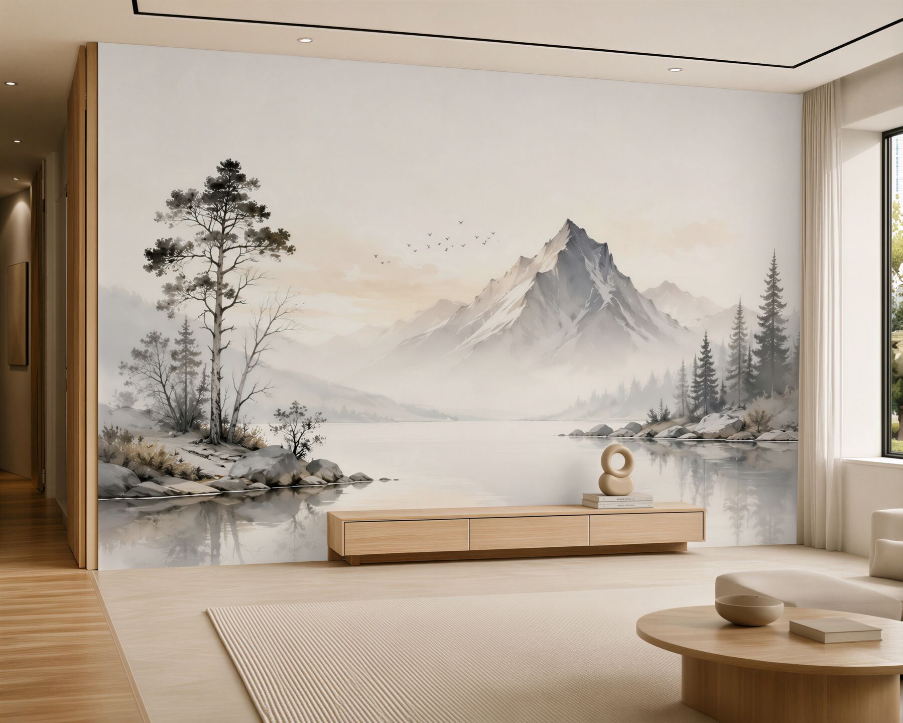 Fotobehang berglandschap bij het meer in de mist in beige tinten