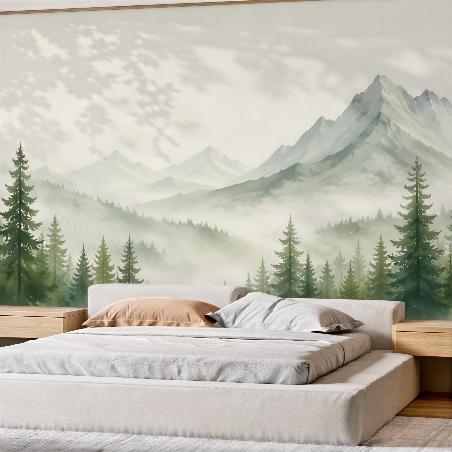 Fotobehang bergen en dennenbos in de mist in groene tinten