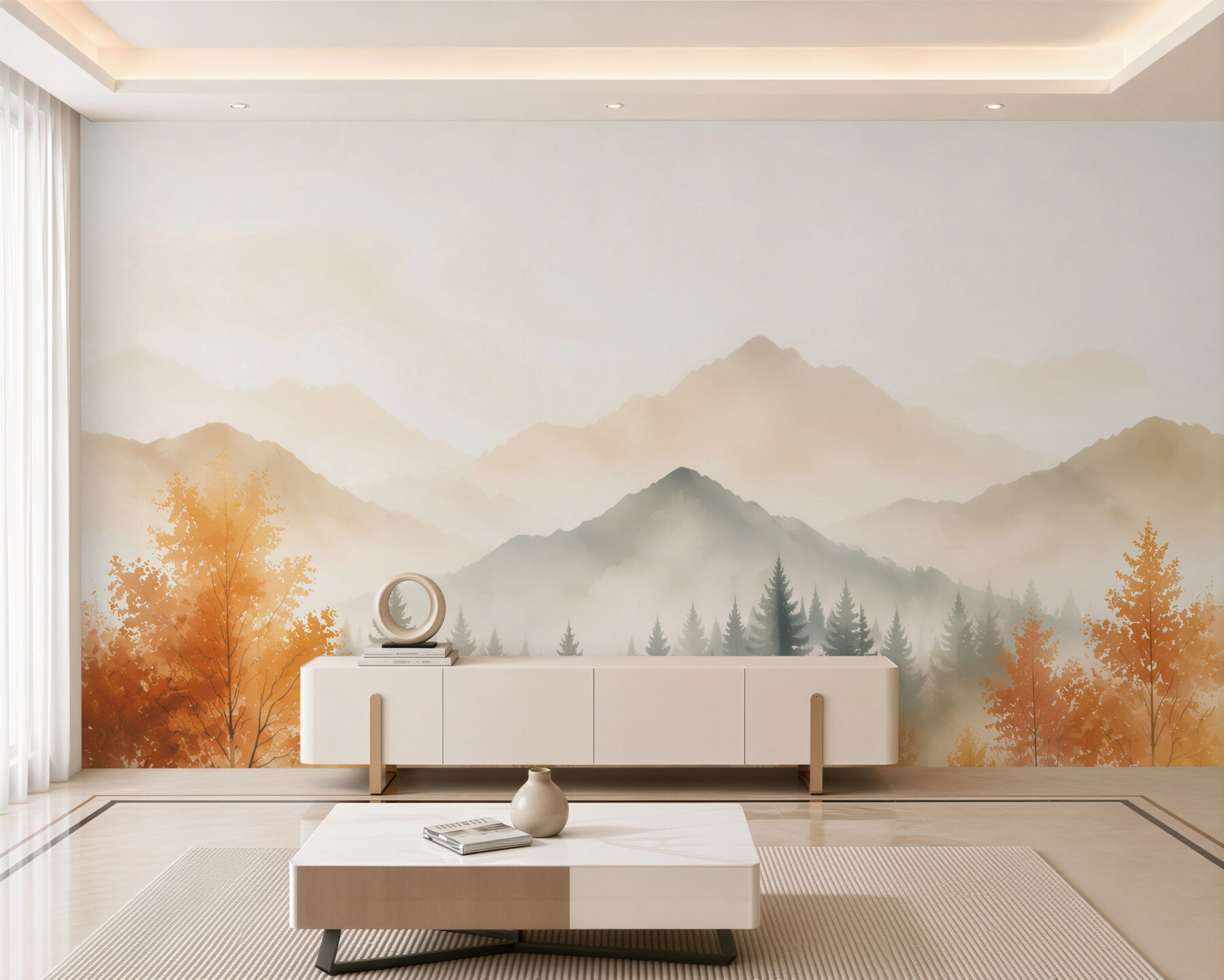Fotobehang herfstbos en bergen in de mist in gouden kleuren