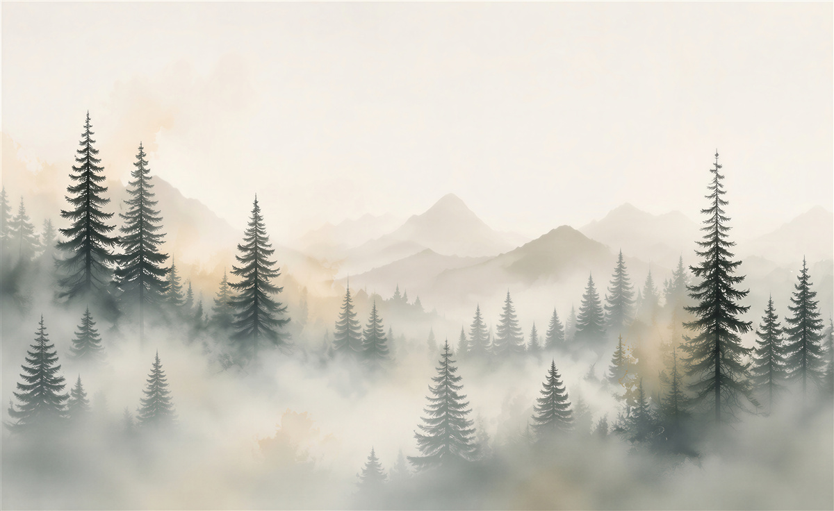 Fotobehang dennenbos in de mist met bergen op de achtergrond