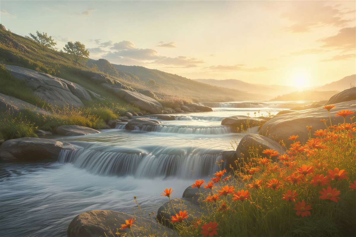 Fotobehang rivierwatervallen bij zonsopgang met oranje bloemen