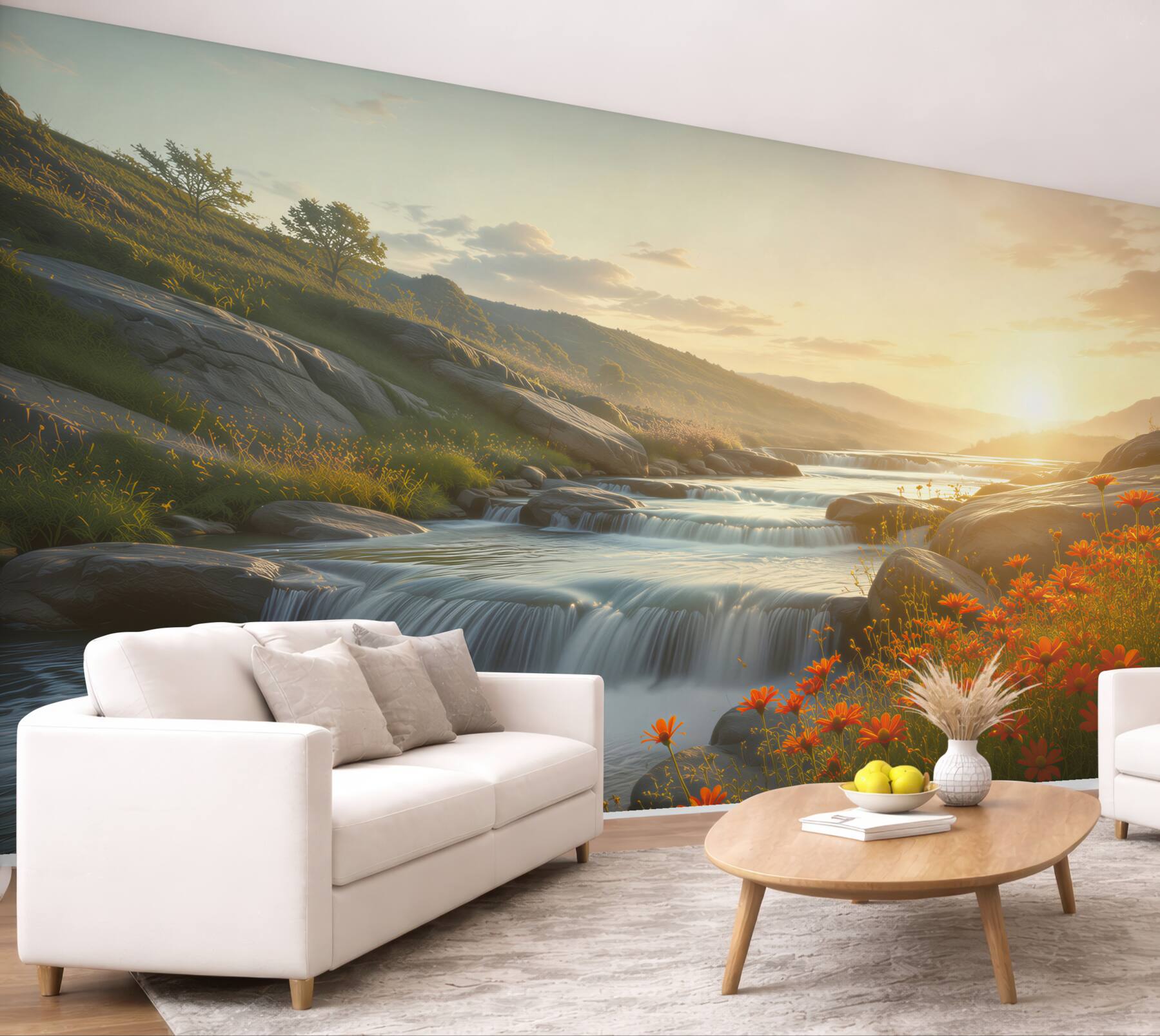 Fotobehang rivierwatervallen bij zonsopgang met oranje bloemen