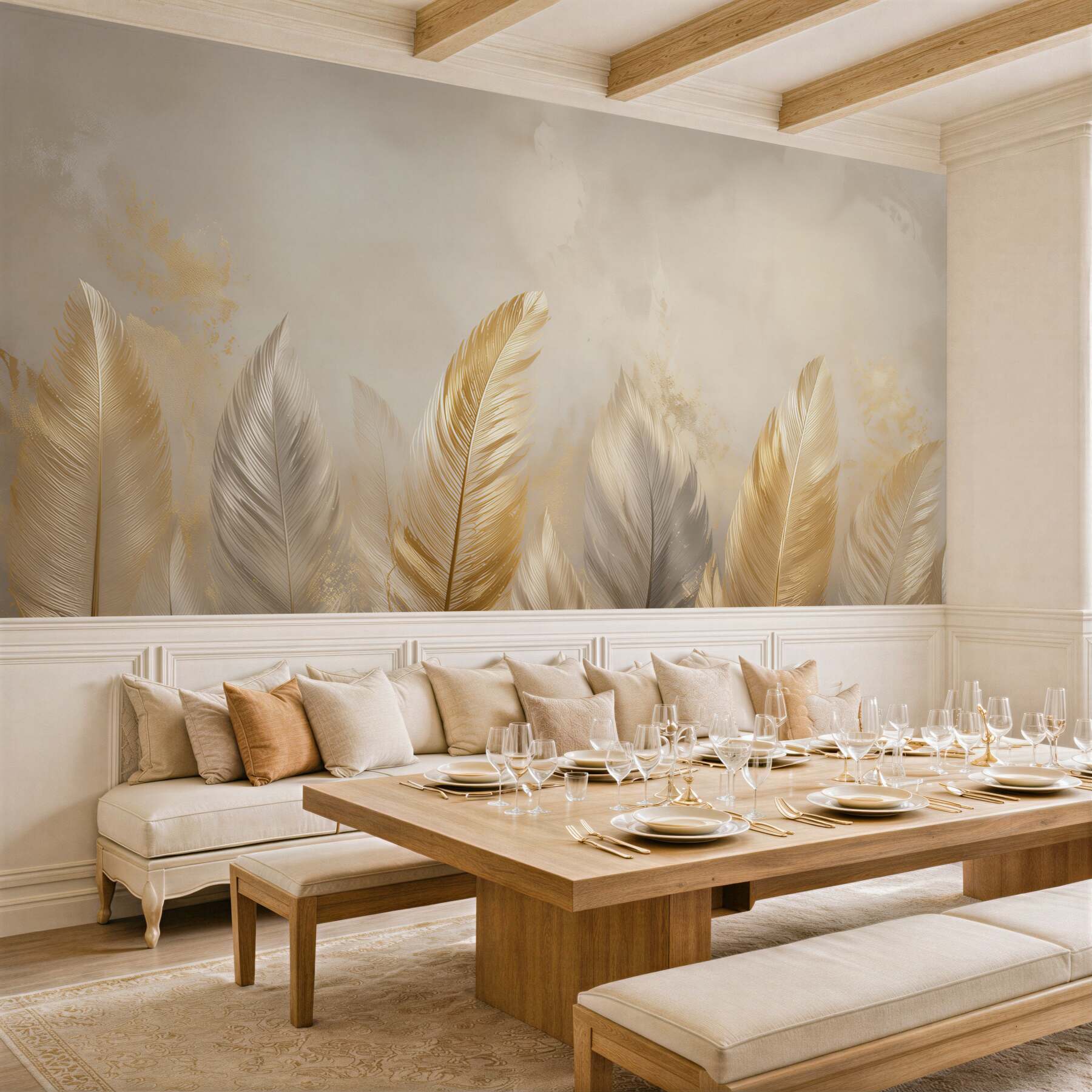 Fotobehang gouden veren op beige achtergrond elegante decoratie