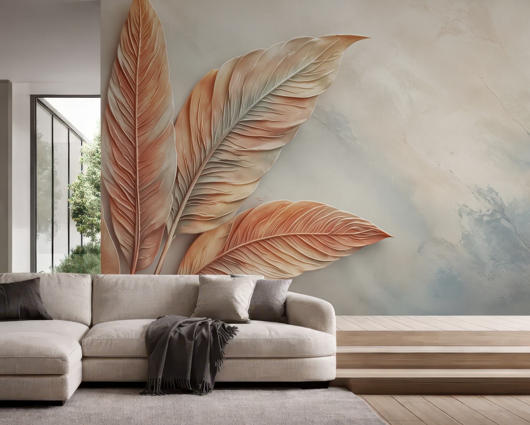 Fotobehang beige bladeren op gemarmerde achtergrond moderne elegantie