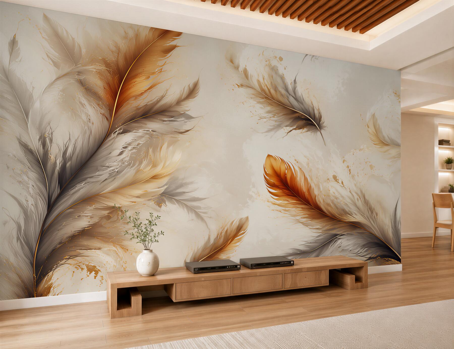 Fotobehang abstracte veren in goud en beige op lichte achtergrond