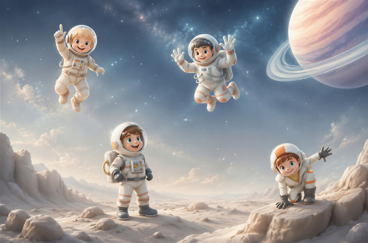 Fotobehang Jonge astronauten bestuderen een nieuwe planeet