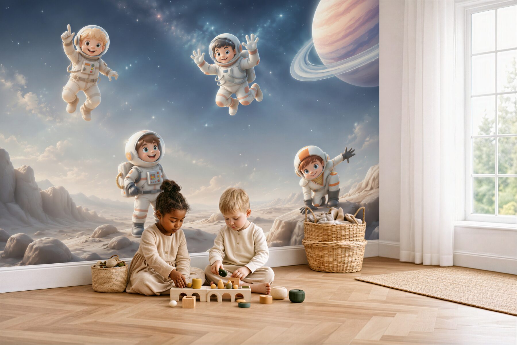 Fotobehang Jonge astronauten bestuderen een nieuwe planeet