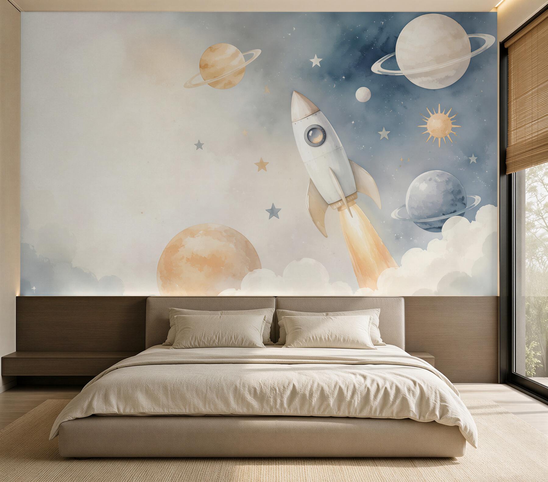 Fotobehang Raket tussen pastelplaneten en sterren voor kinderen