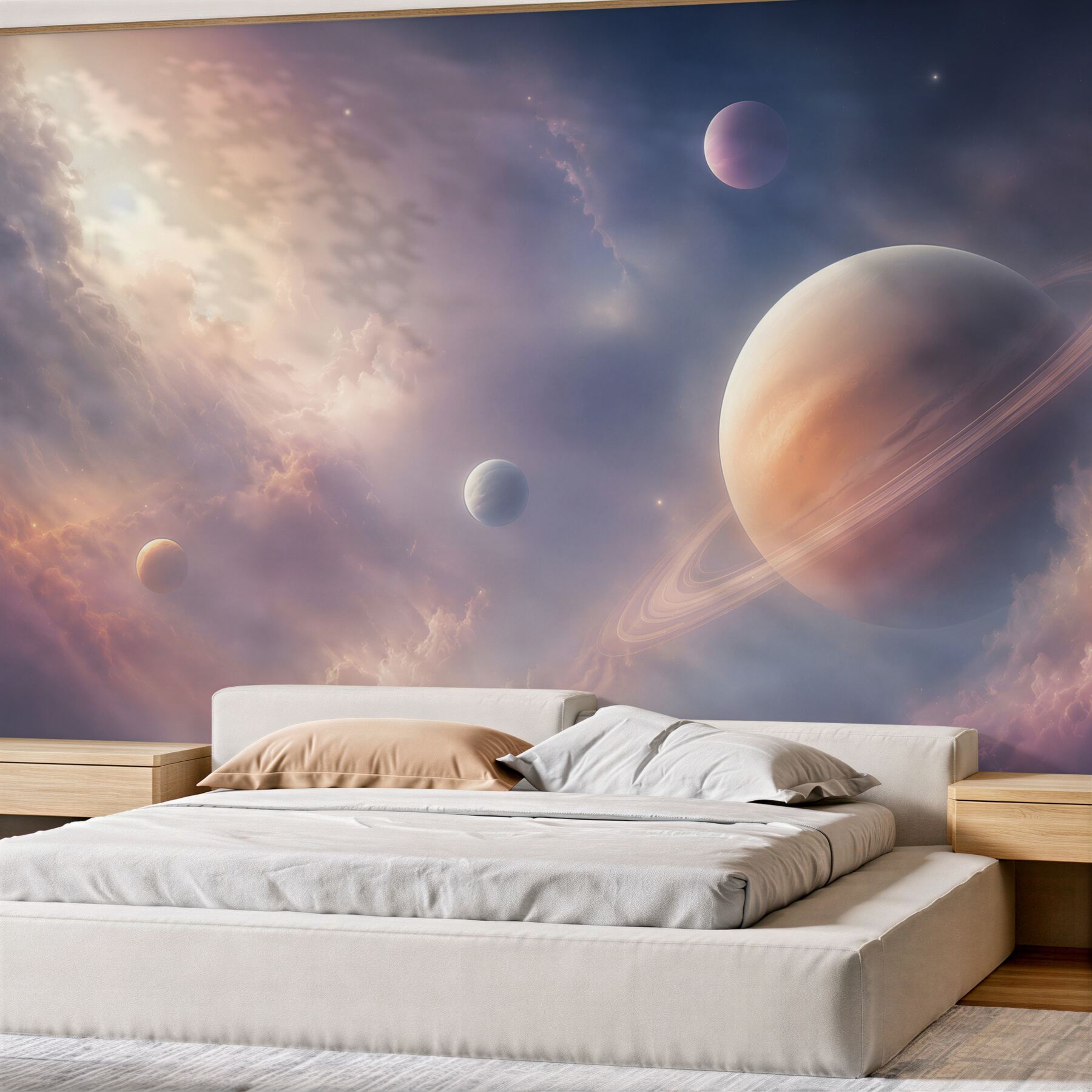 Fotobehang planeet met ringen in roze en paarse wolken
