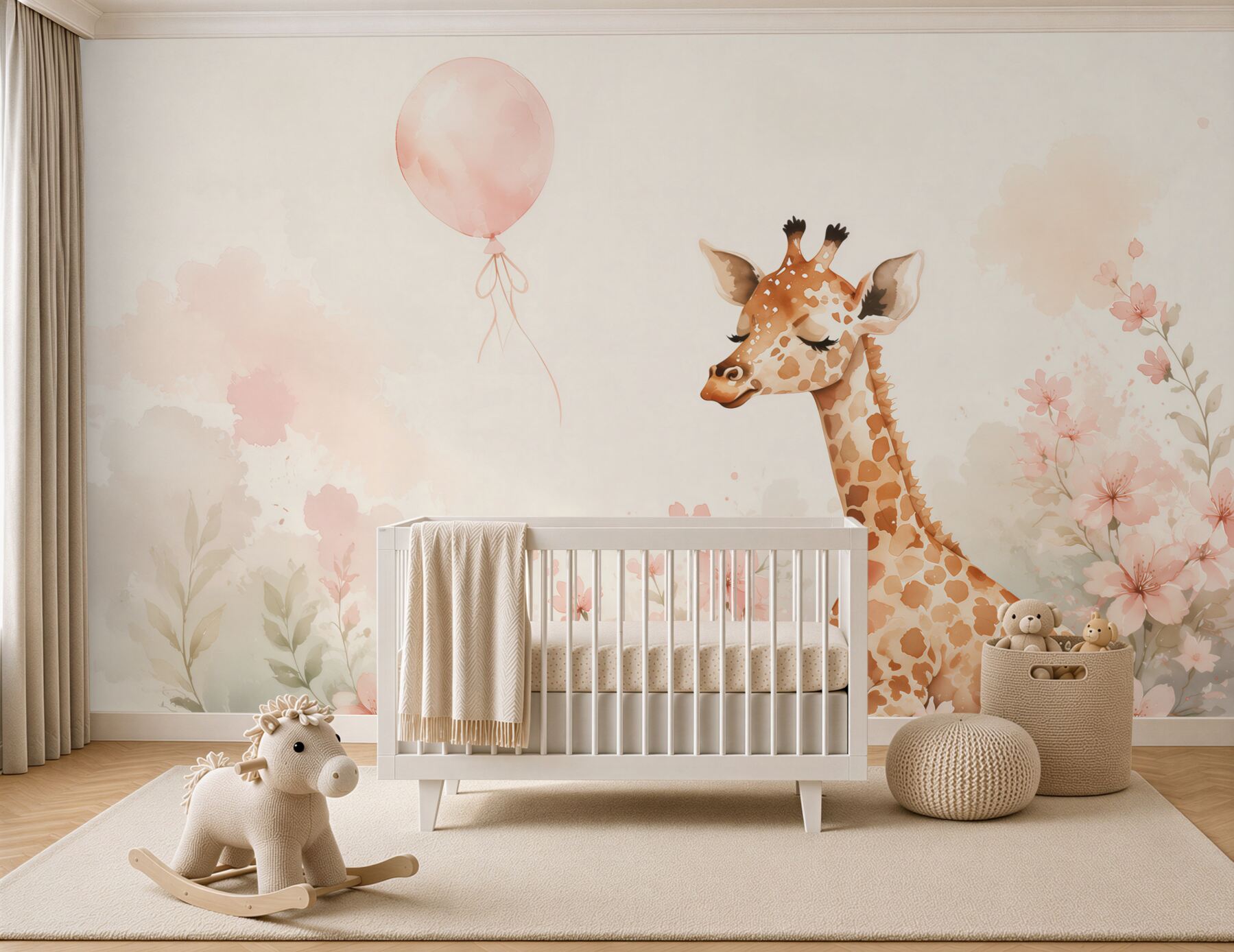 Fotobehang Giraffe en roze bal