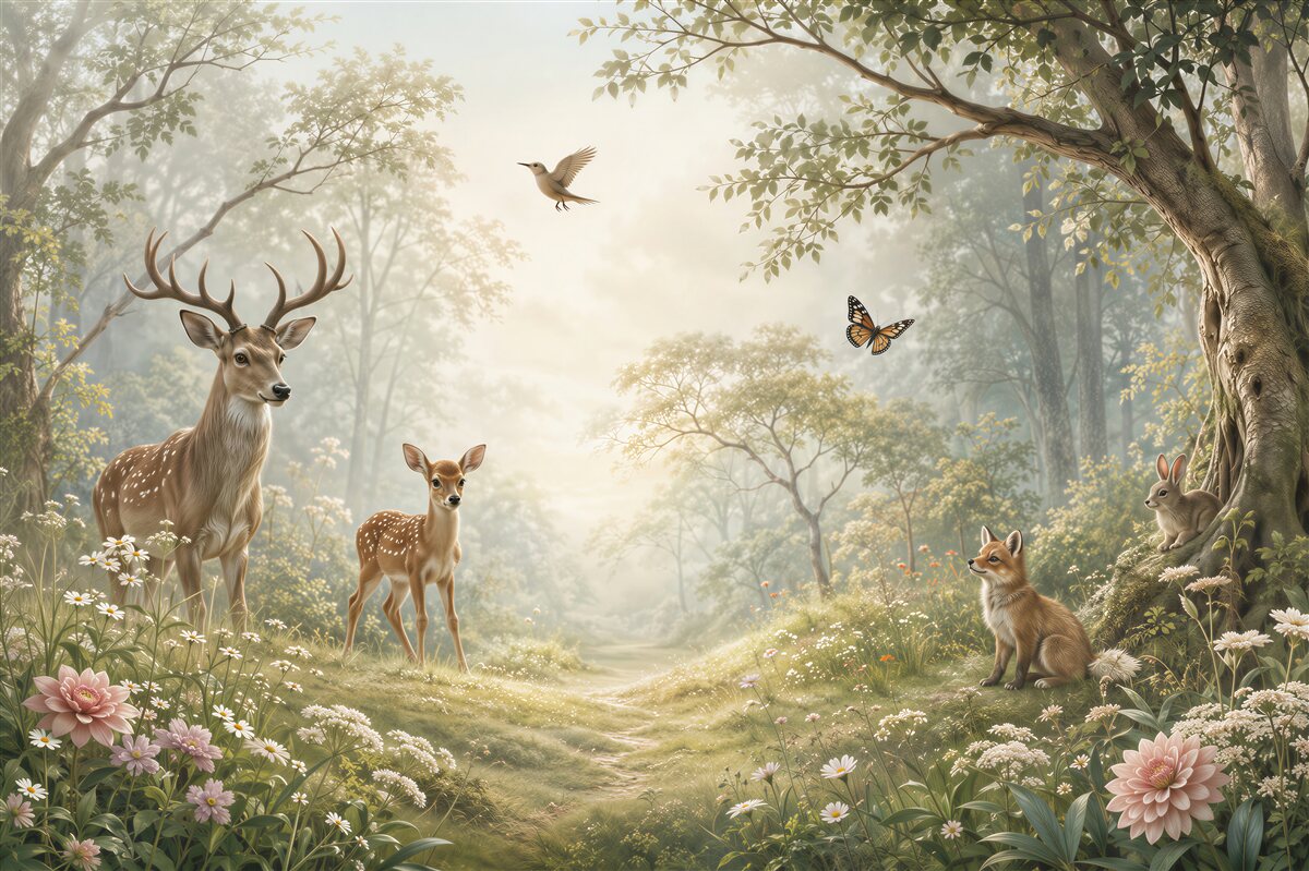 Fotobehang verschillende dieren en vogels in het bos