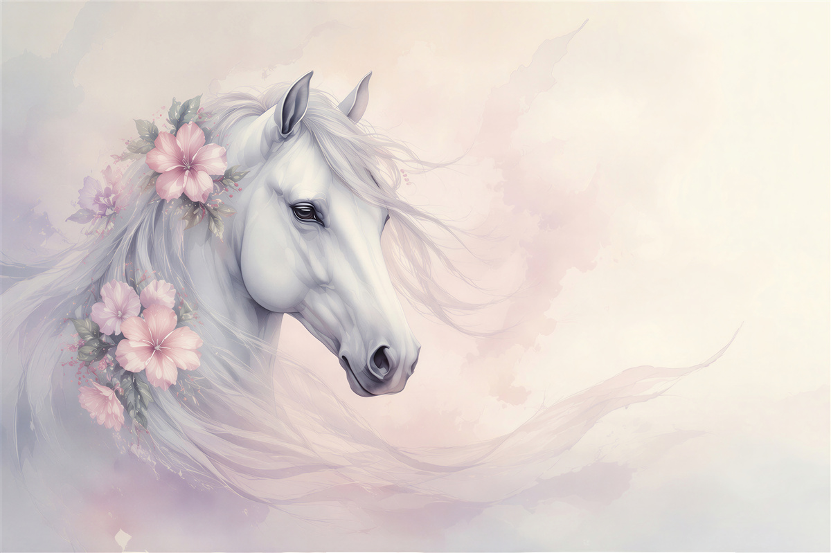 Fotobehang Witte paard met roze bloemen