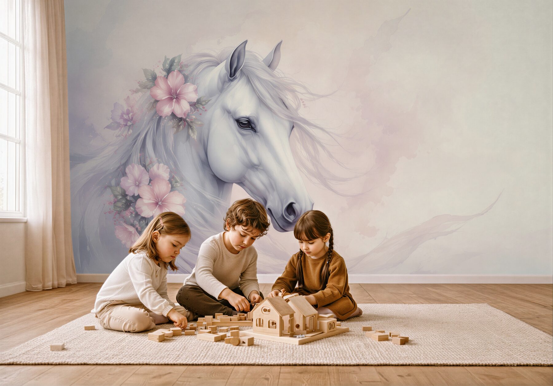 Fotobehang Witte paard met roze bloemen