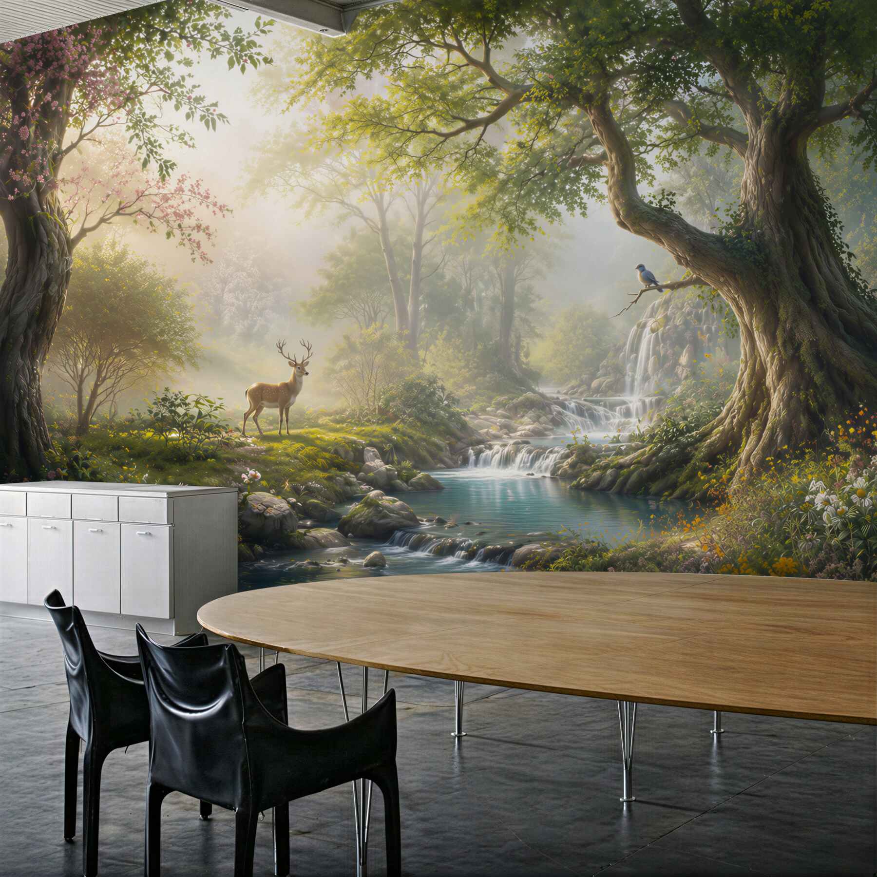 Fotobehang betoverd bos met waterval en hert