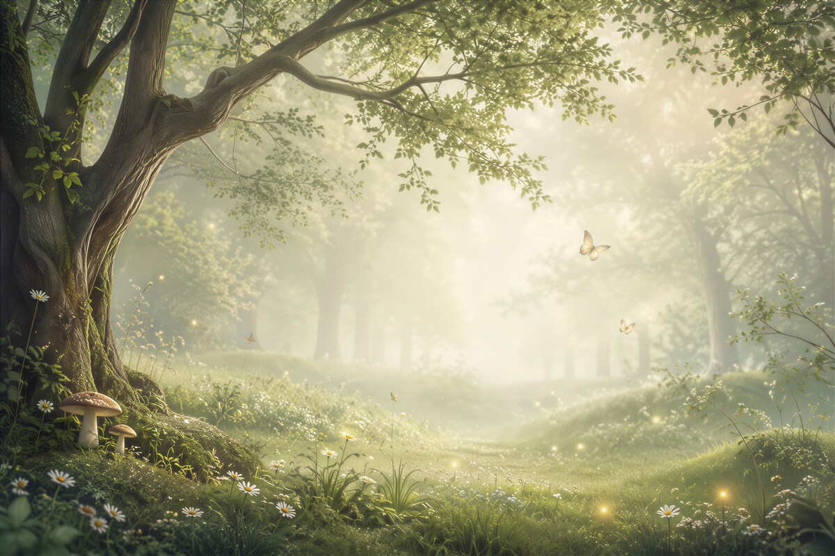 Fotobehang sprookjesbos met vlinders en madeliefjes in warm licht