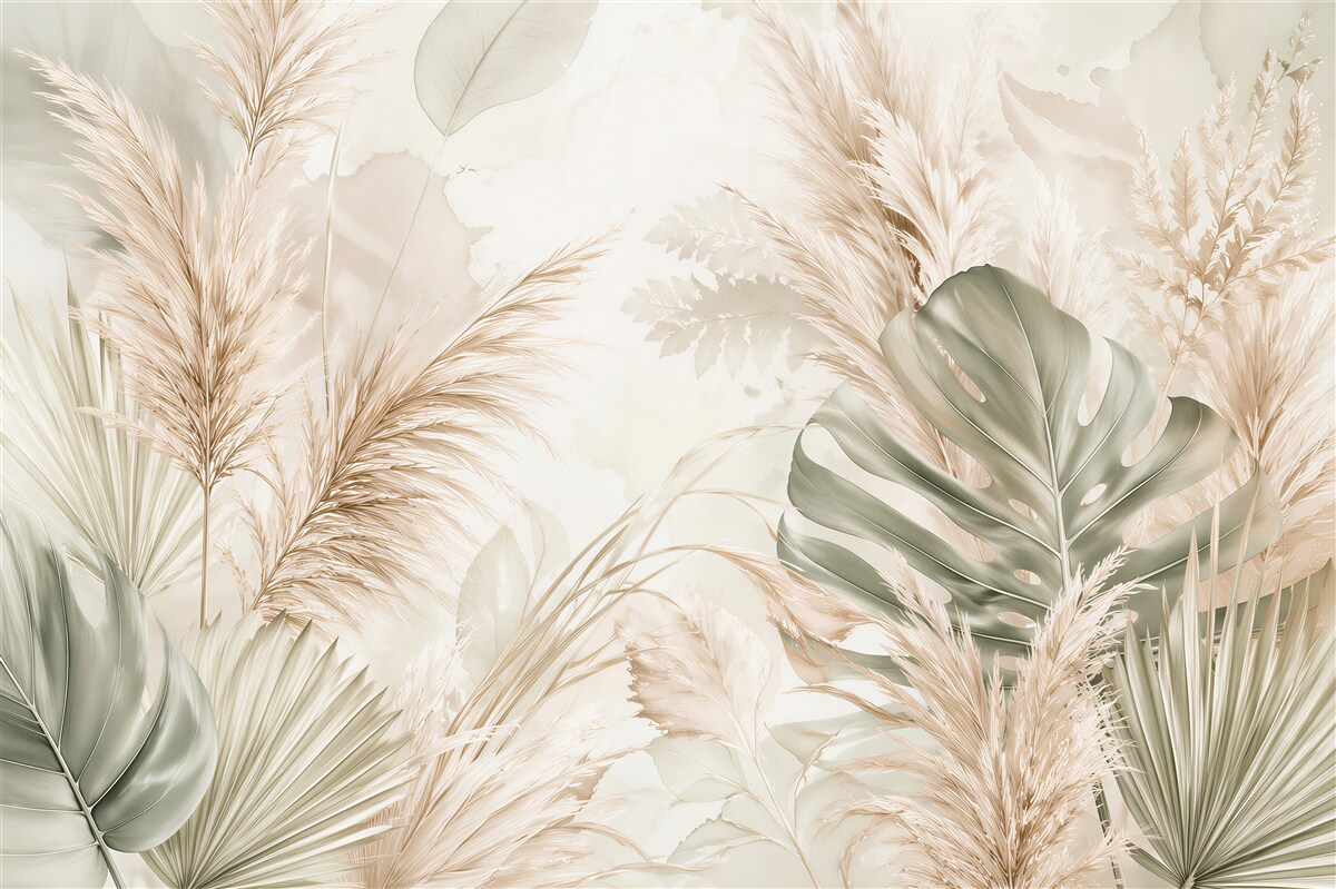 Fotobehang beige bladeren en boho pampas