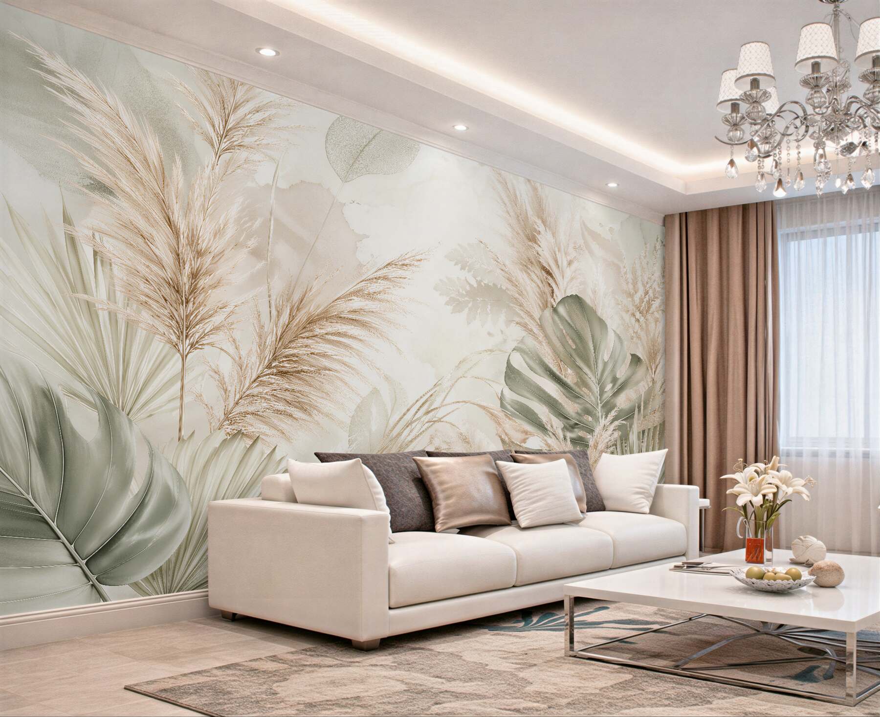 Fotobehang beige bladeren en boho pampas