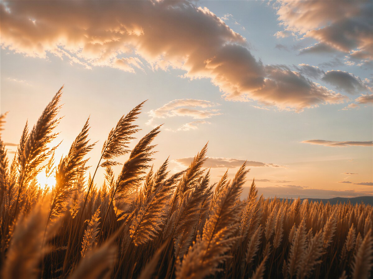 Fotobehang gouden grassen in de glans van de zonsondergang