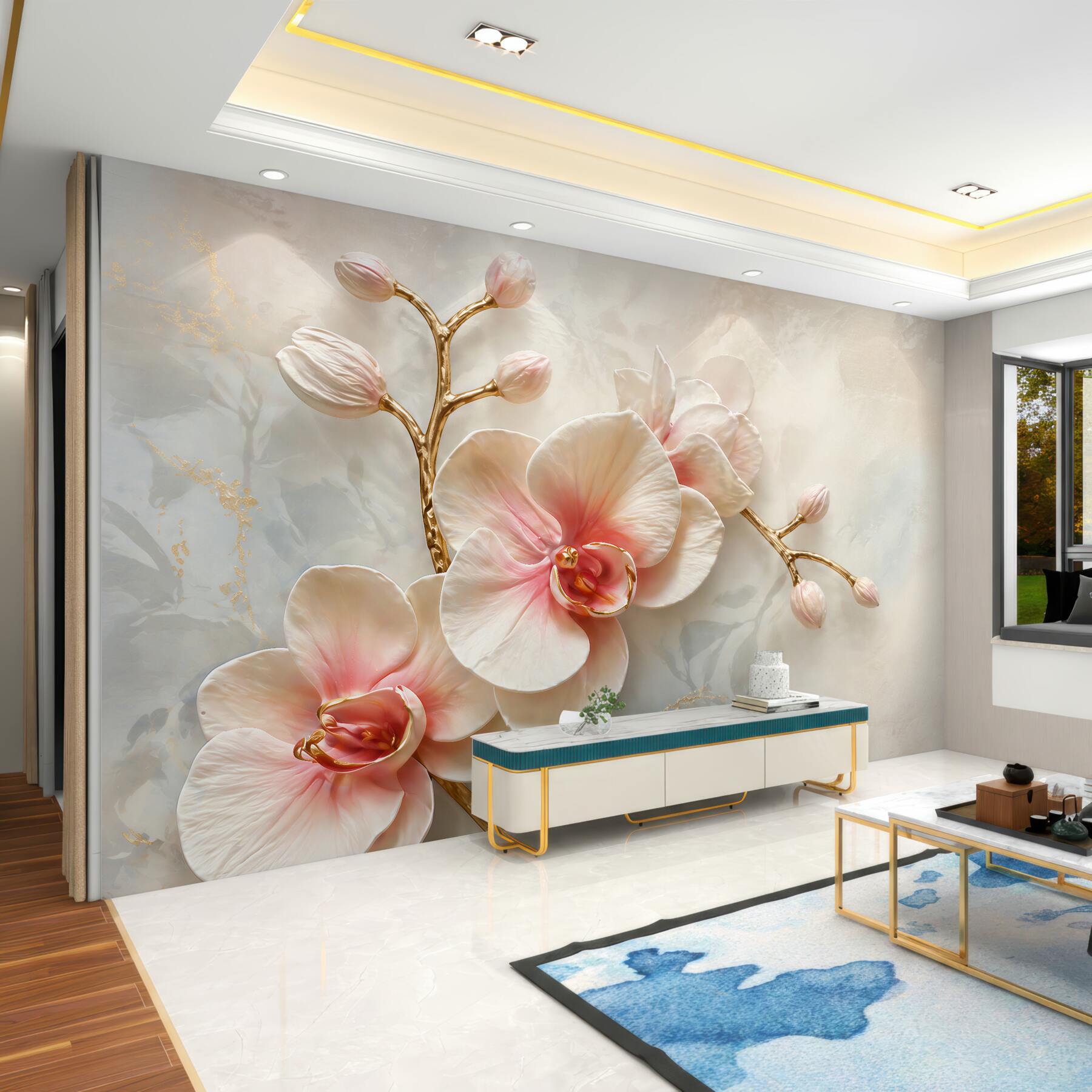 Fotobehang poederorchidee met gouden takken