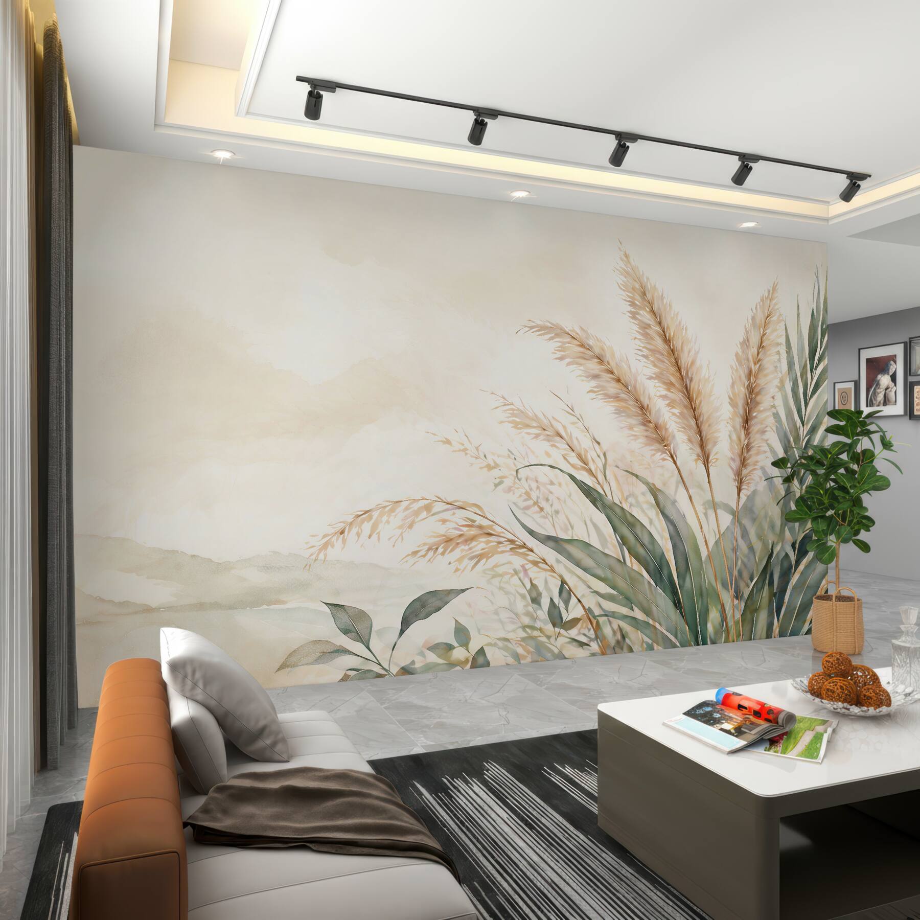 Fotobehang subtiele pampas en bladeren in harmonie