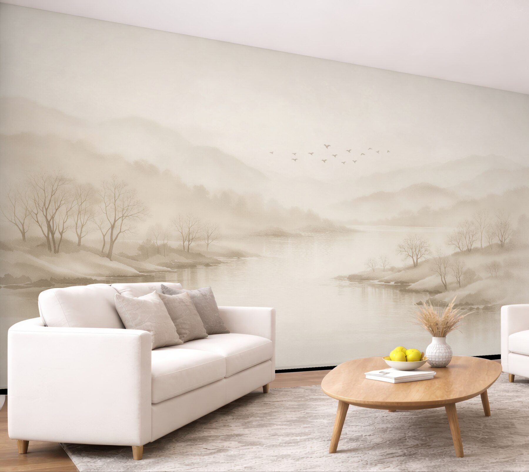 Fotobehang nevelig landschap van het meer met vogels